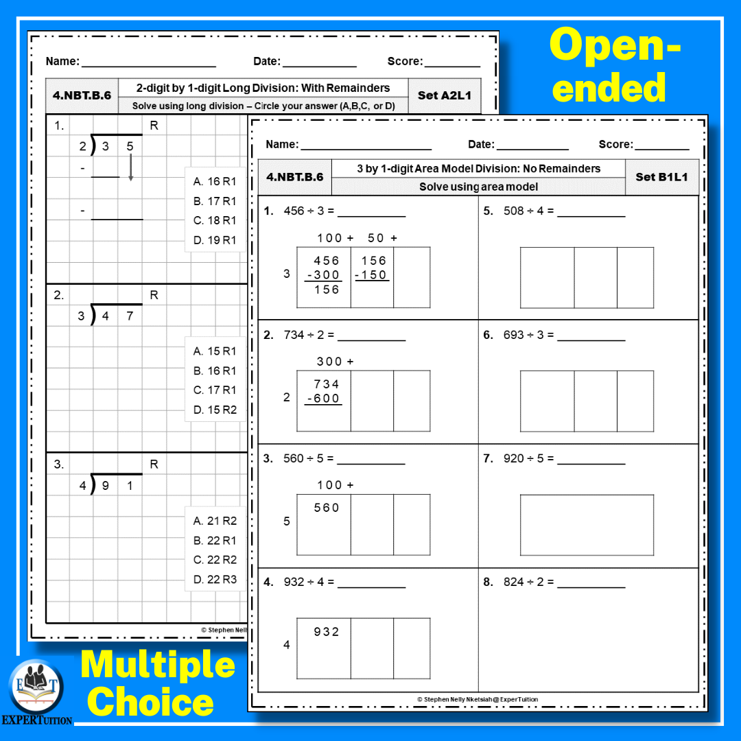 1 Digit 2 Digit Divisors Area Model Partial Quotients Long Division Worksheets Bundle Made By Teachers Dividing With Area Models And Partial Quotient