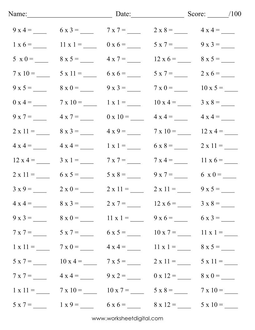 10 Printable Math Drills Multiplication Timetable 0 To 12 Practice Speed Counting PDF Made By Teachers