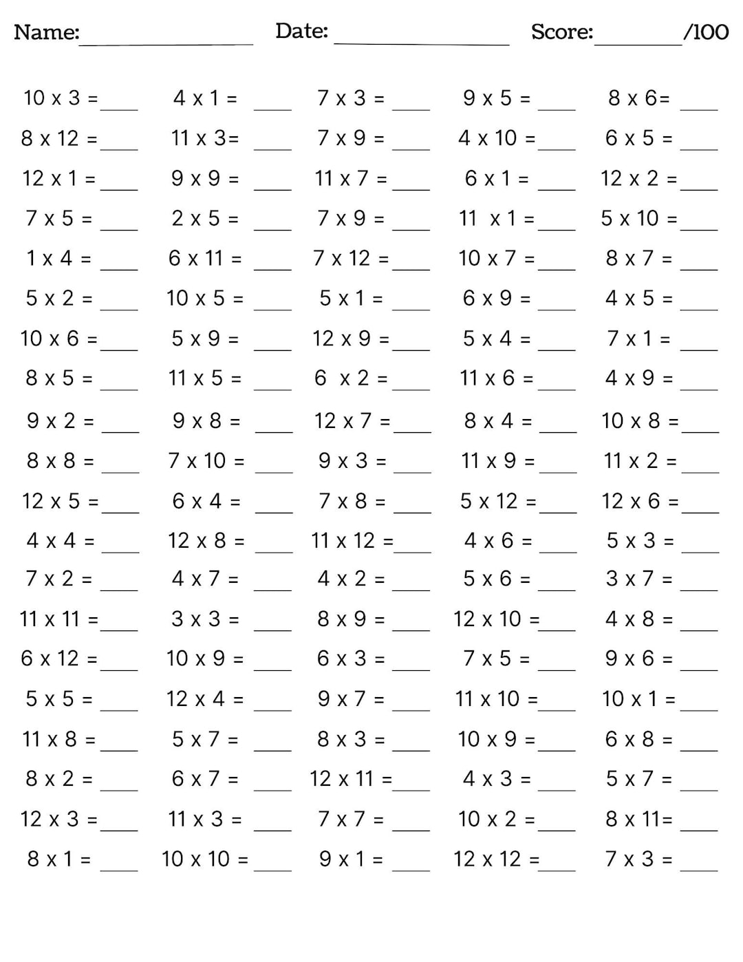 Free Multiplication Worksheets 1 12 Paper Trail Design