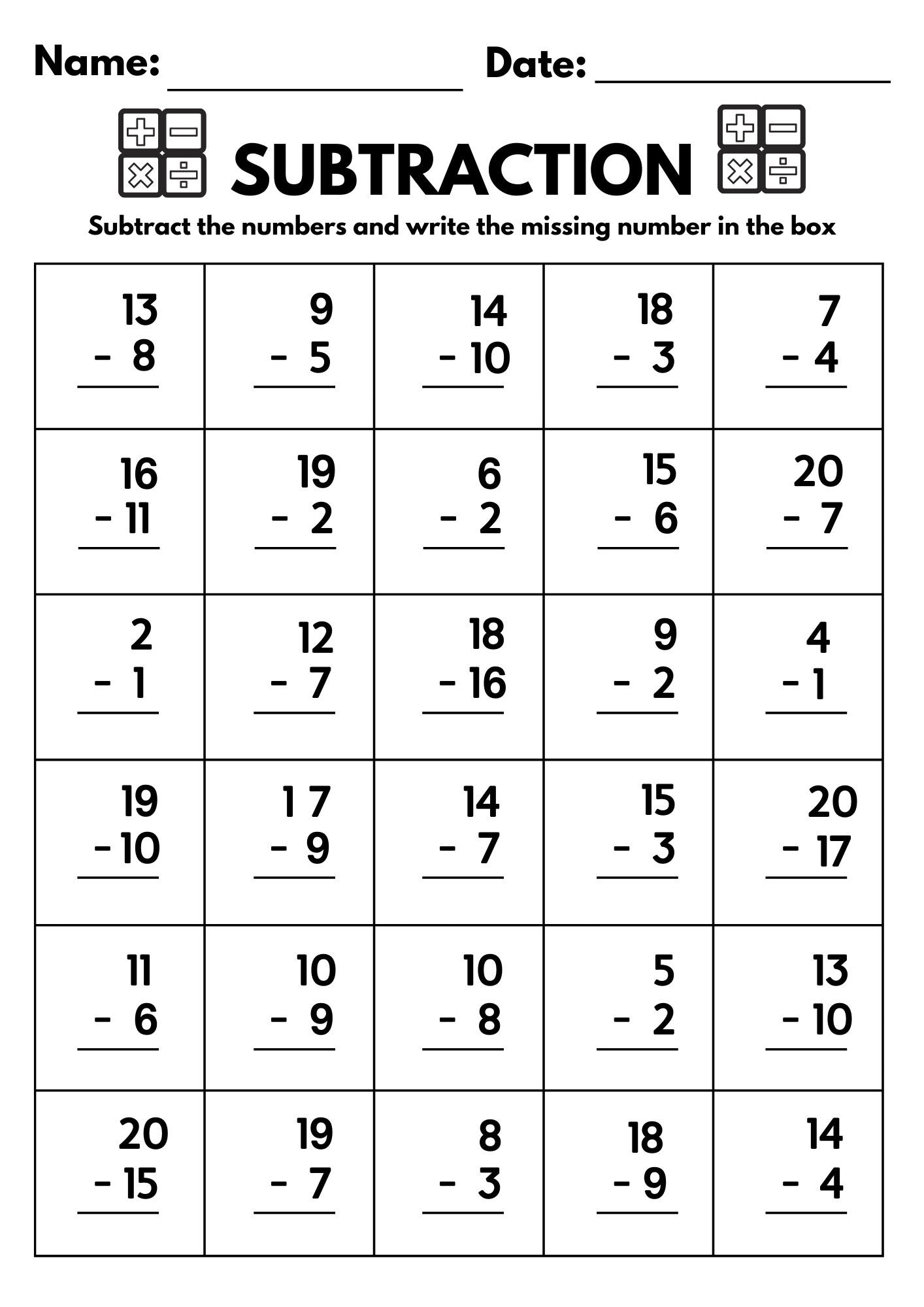 10 Printable Subtraction Fill In The Blanks Worksheets Numbers 1 20 For Kindergarten 1st Grade 2nd Grade Math Subtraction Worksheets Etsy