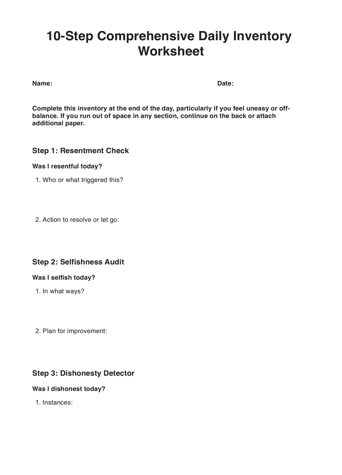 10 Step Inventory Worksheets