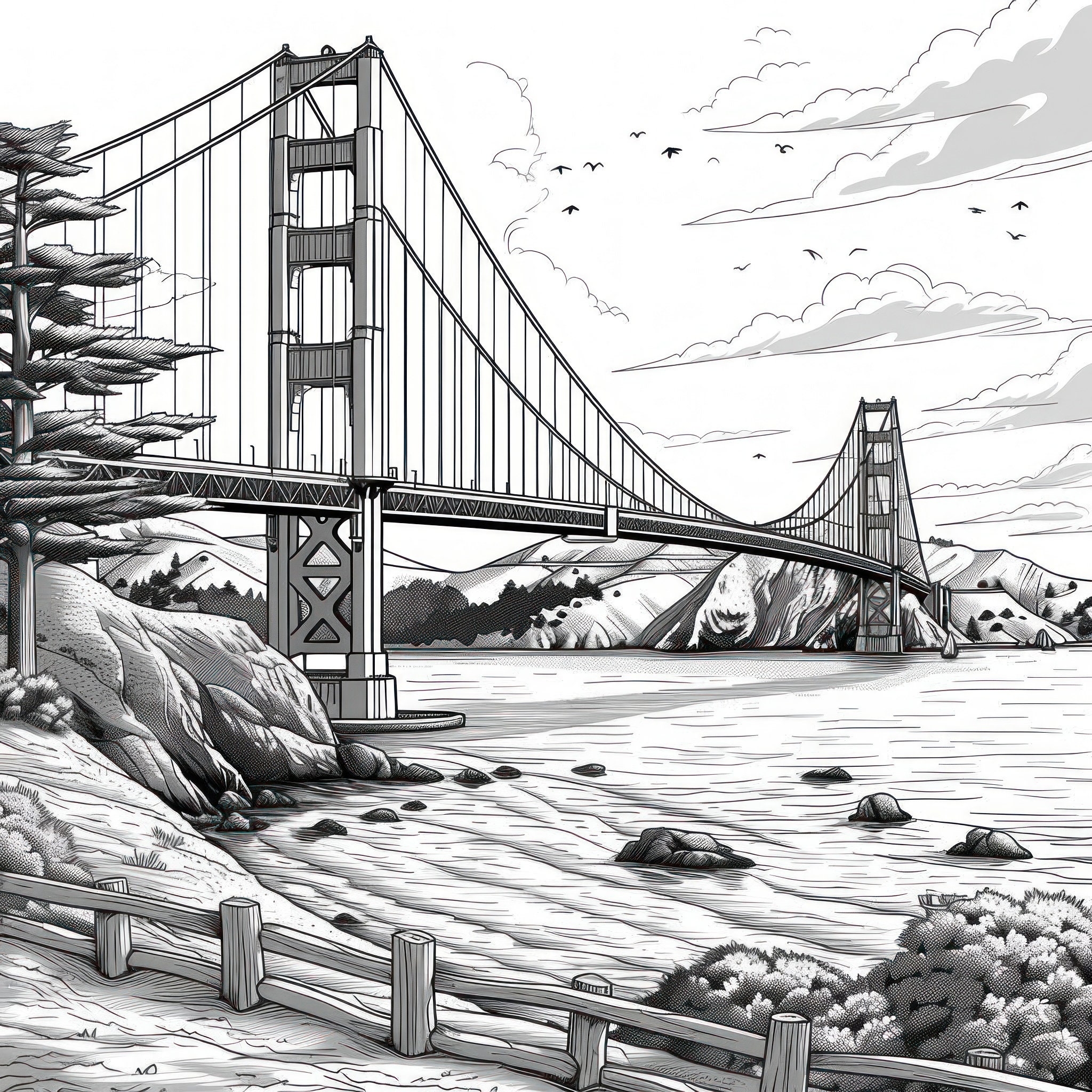 100 Pages Digital Coloring Book PDF Golden Gate At Sunrise For Kids And Adults Fun And Relaxing Activity Perfect Gift Idea San Francisco Etsy