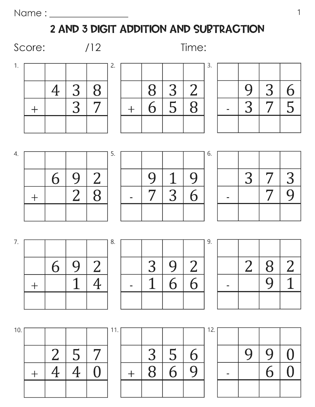 100 Two And Three Digit Mixed Addition And Subtraction With Grid Worksheets Etsy