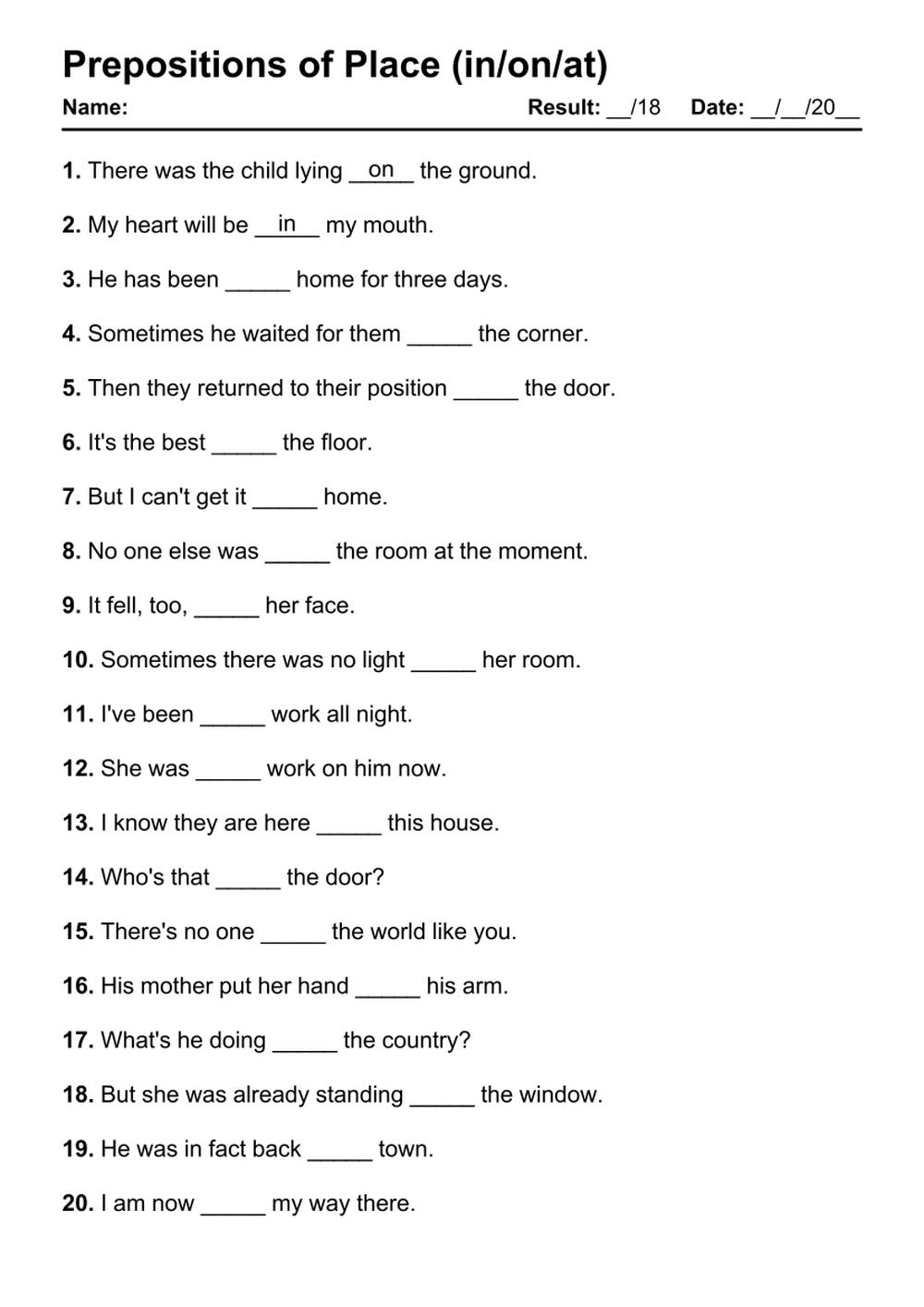 101 Prepositions Of Place PDF Worksheets With Answers Grammarism
