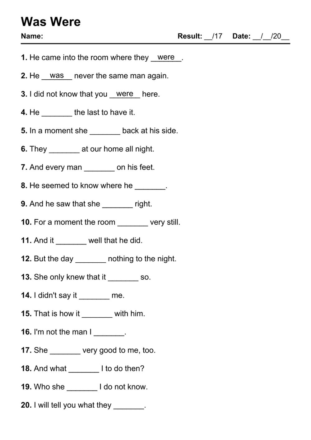 101 Was Were PDF Worksheets With Answers 2091 Exercises Grammarism