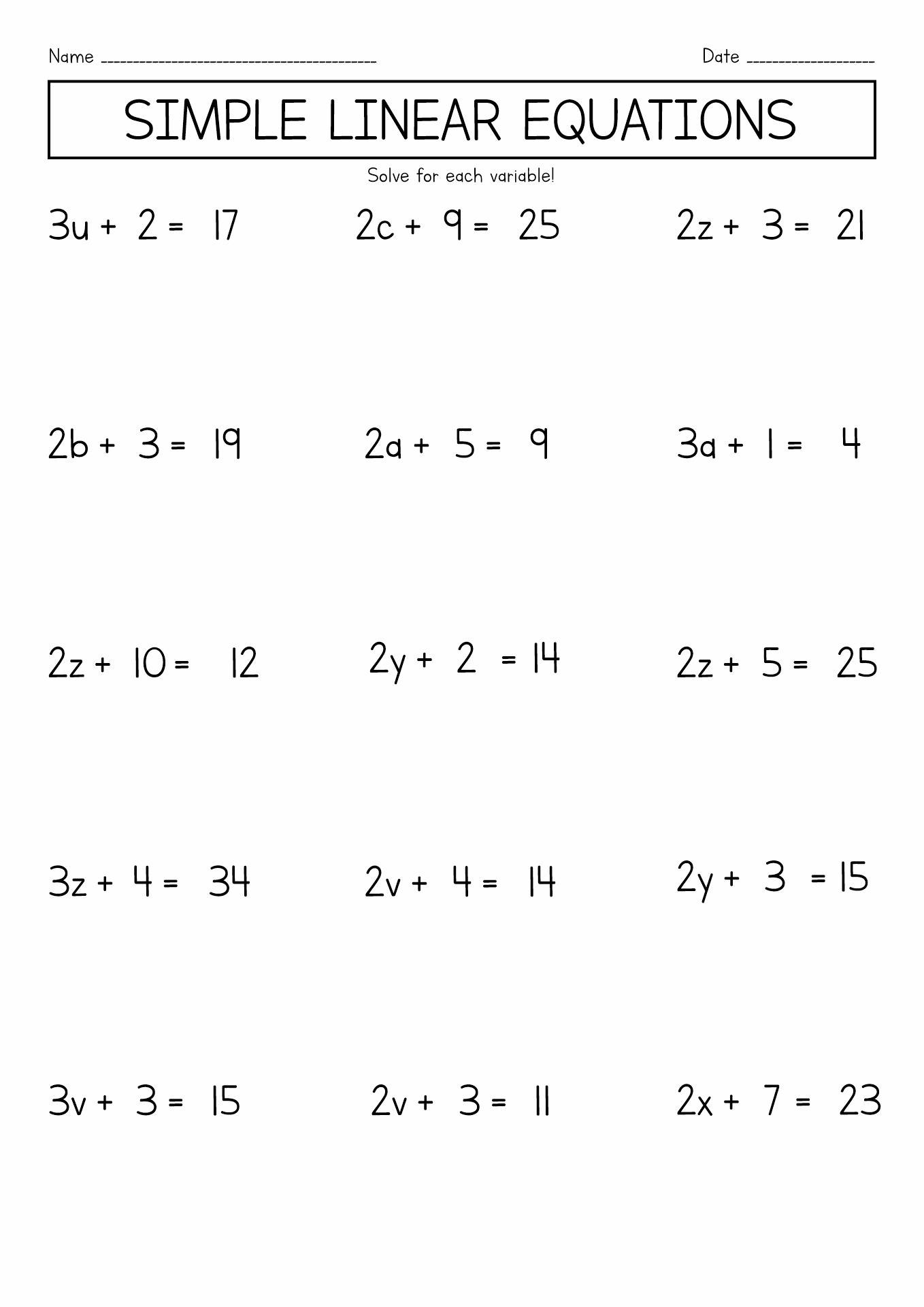 Basic Algebra Worksheets