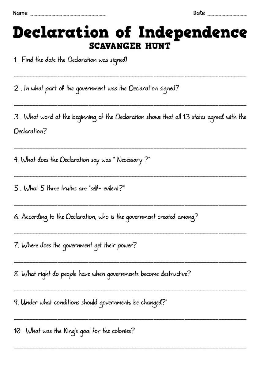 Free Declaration Of Independence Worksheet For Kids
