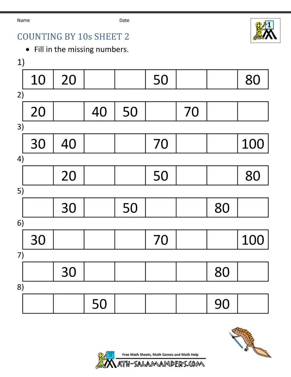 SKip Counting By 10 Worksheets