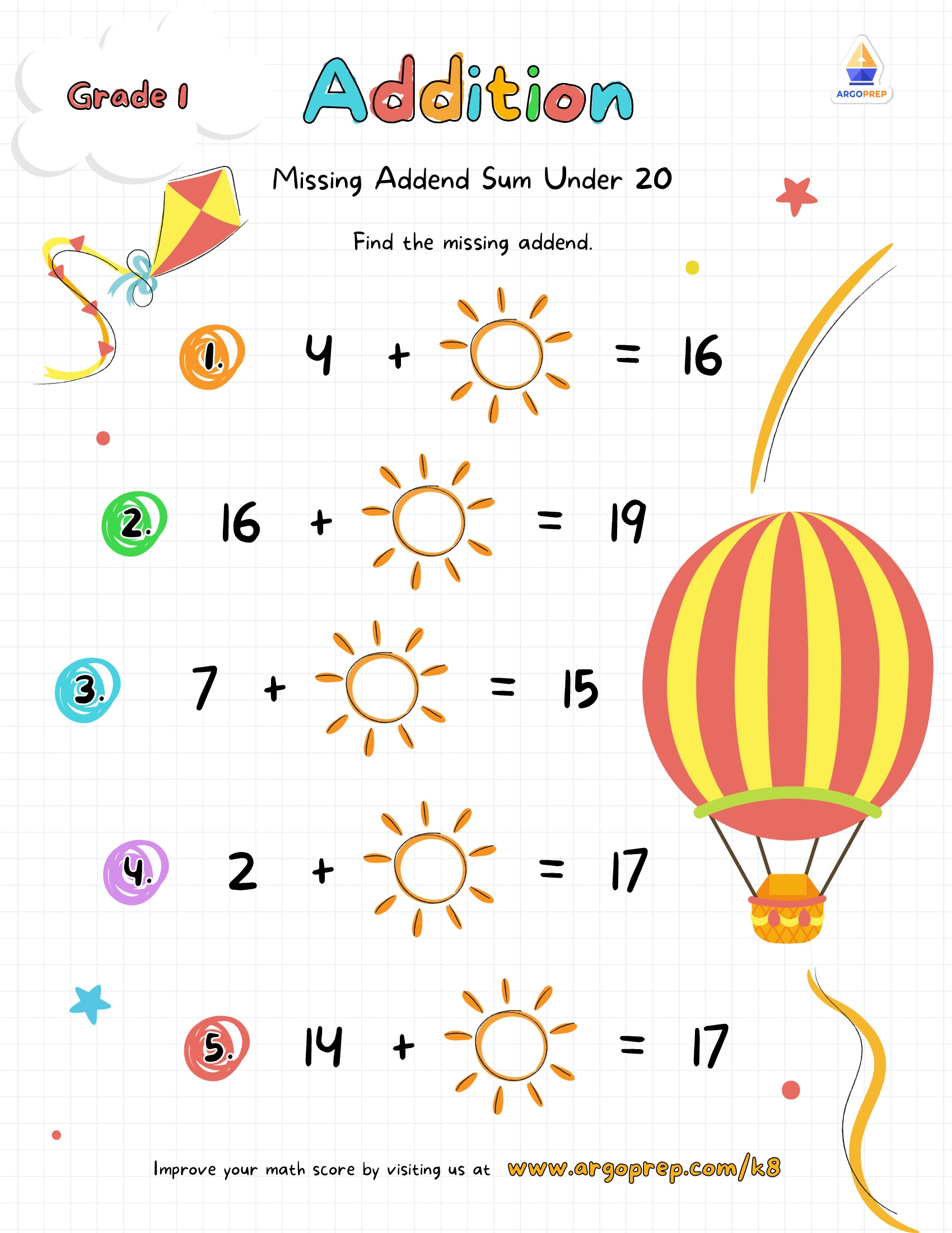 1st Grade Number Lines Missing Addend Sum Under 20 Worksheets For Free ArgoPrep