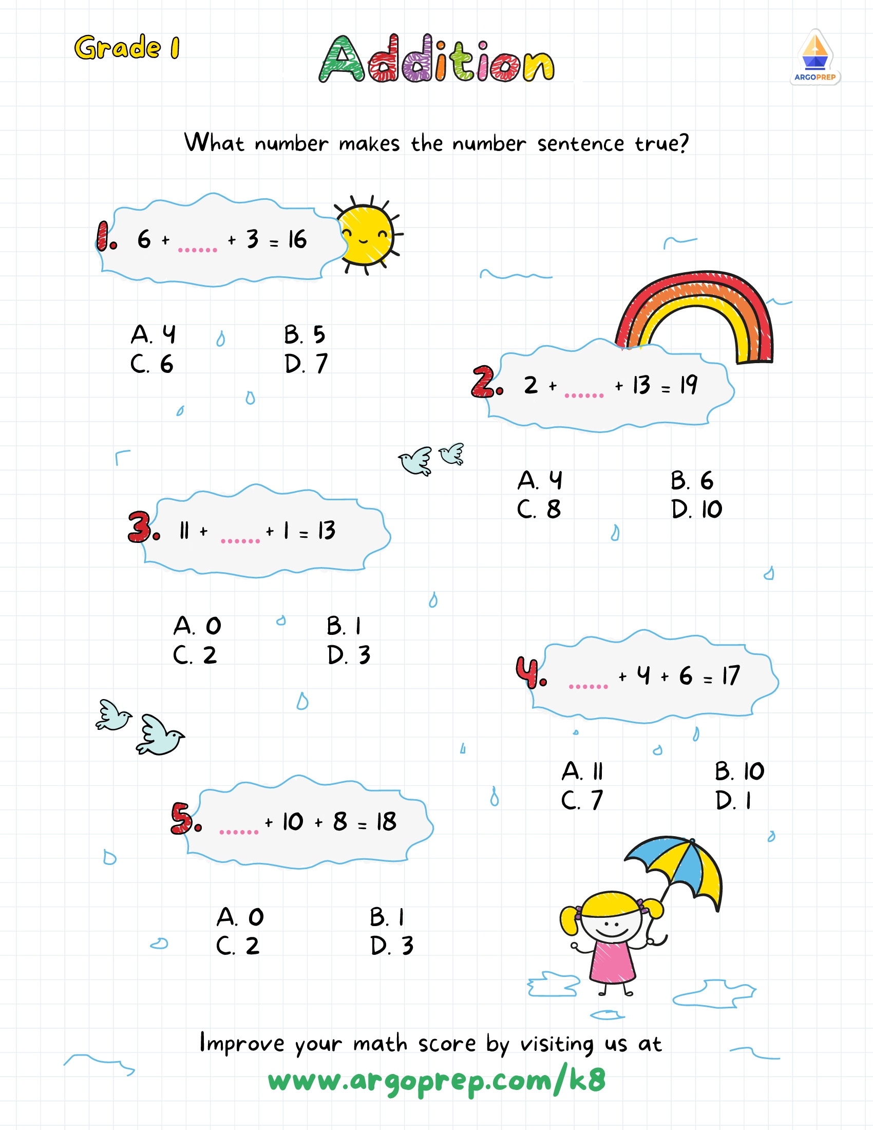 1st Grade Number Lines Missing Addend Sum Under 20 Worksheets For Free ArgoPrep