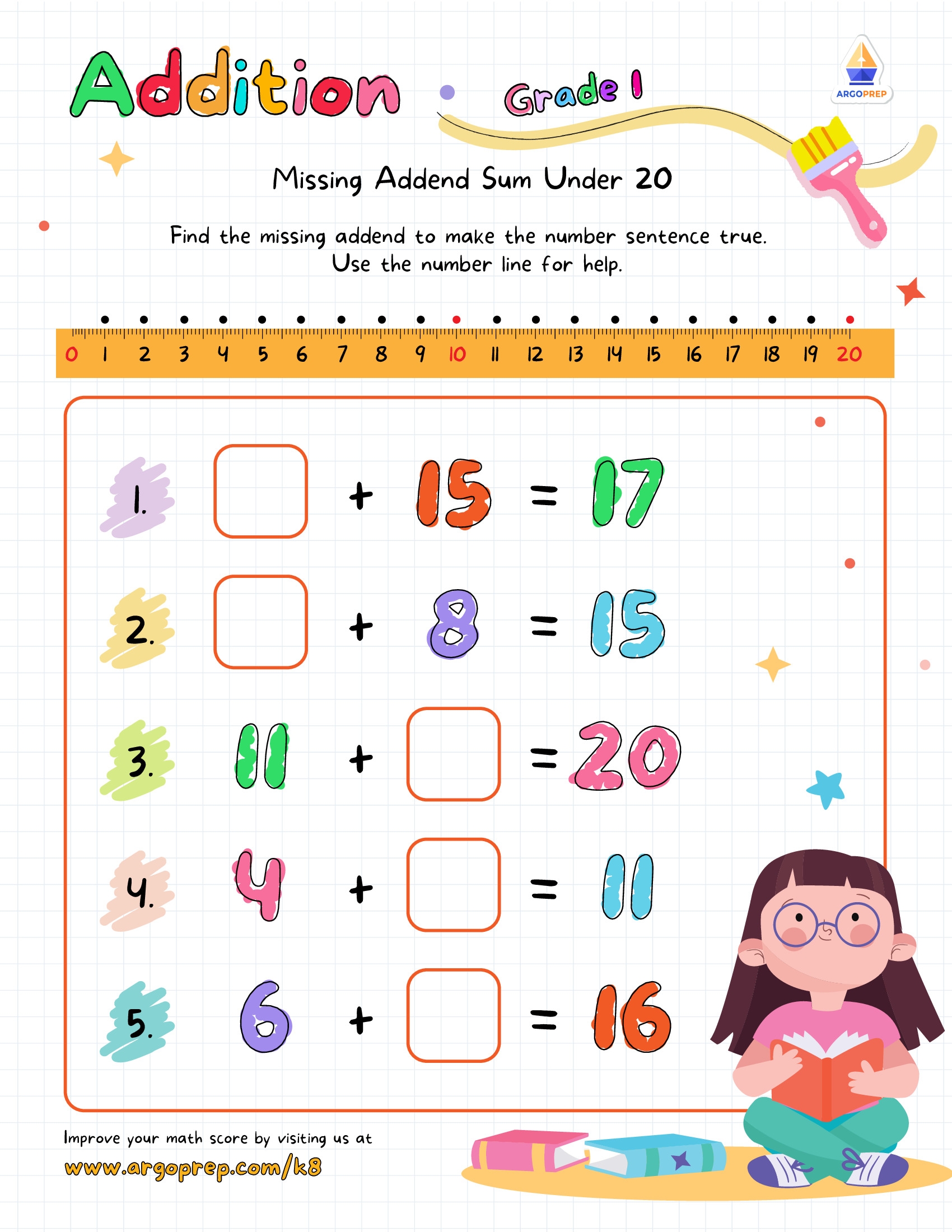 1st Grade Number Lines Missing Addend Sum Under 20 Worksheets For Free ArgoPrep