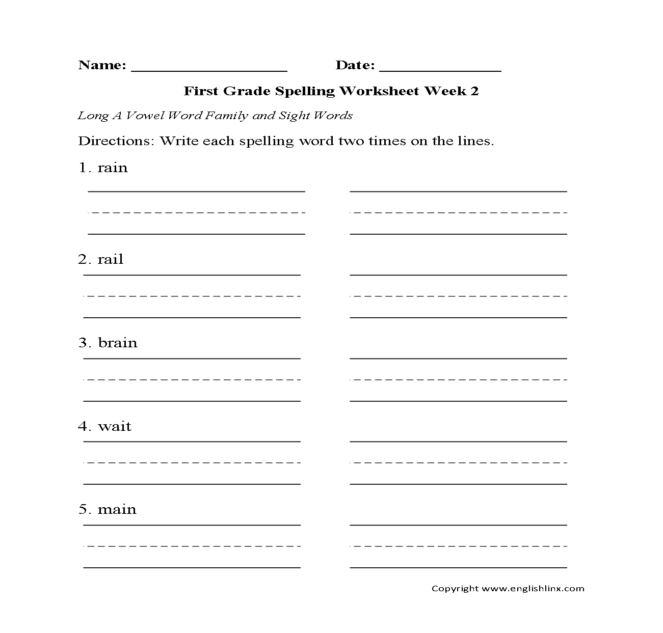1st Grade Spelling Worksheets Printable Word Lists Weekly Practice