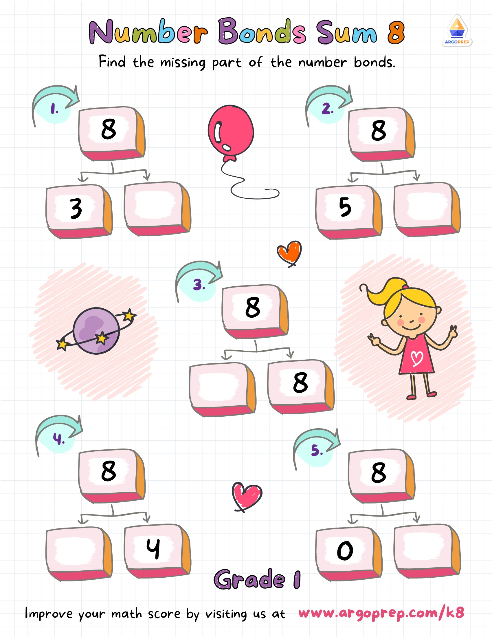 1st Grade Subtraction Number Bonds Sum 8 Worksheets For Free ArgoPrep