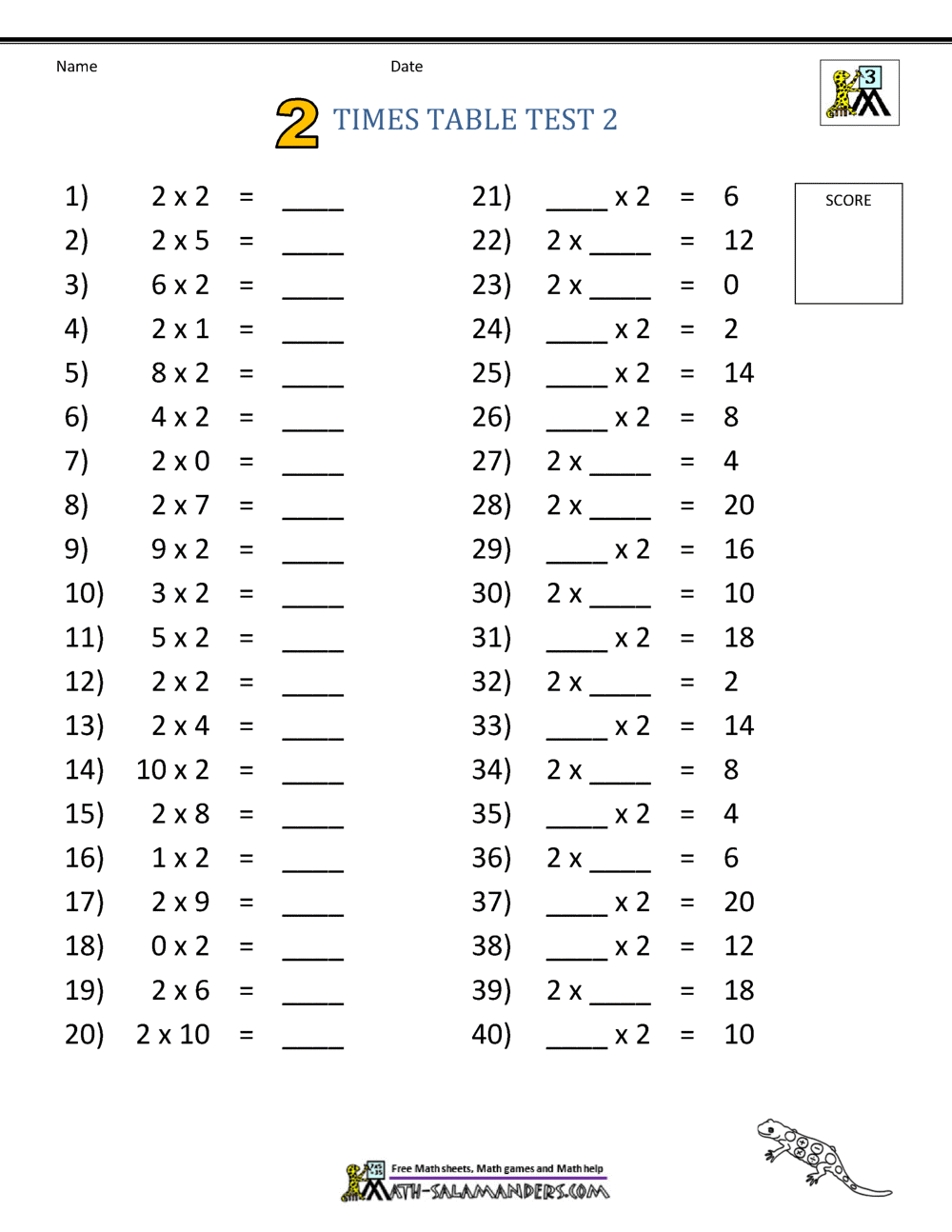 2 Times Table Worksheet Page 2 Times Table Worksheet Page