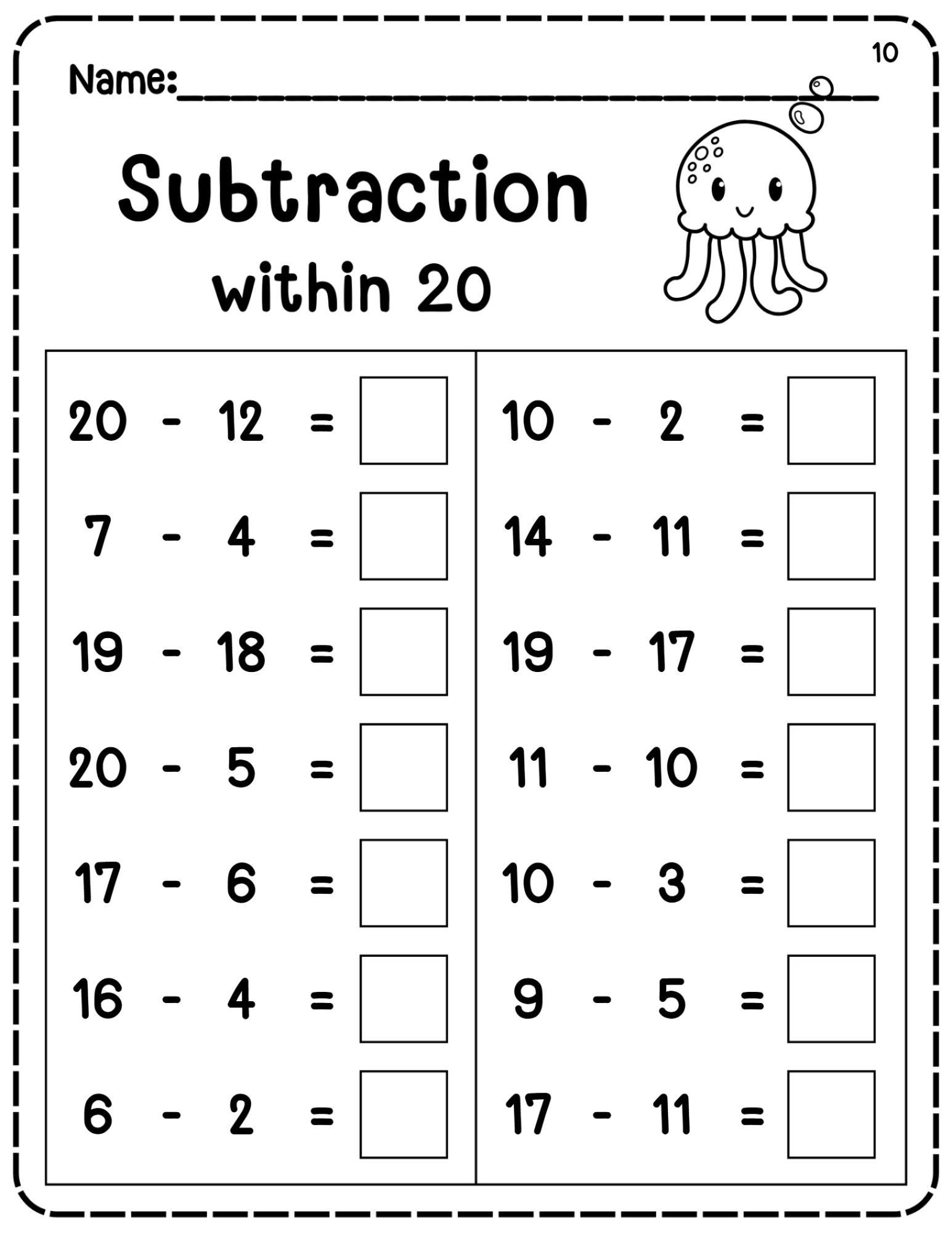 20 Printable Subtraction To 20 Fill In The Blanks Worksheets Numbers 1 20 Kindergarten 1st Grade Math Practice PDF Etsy