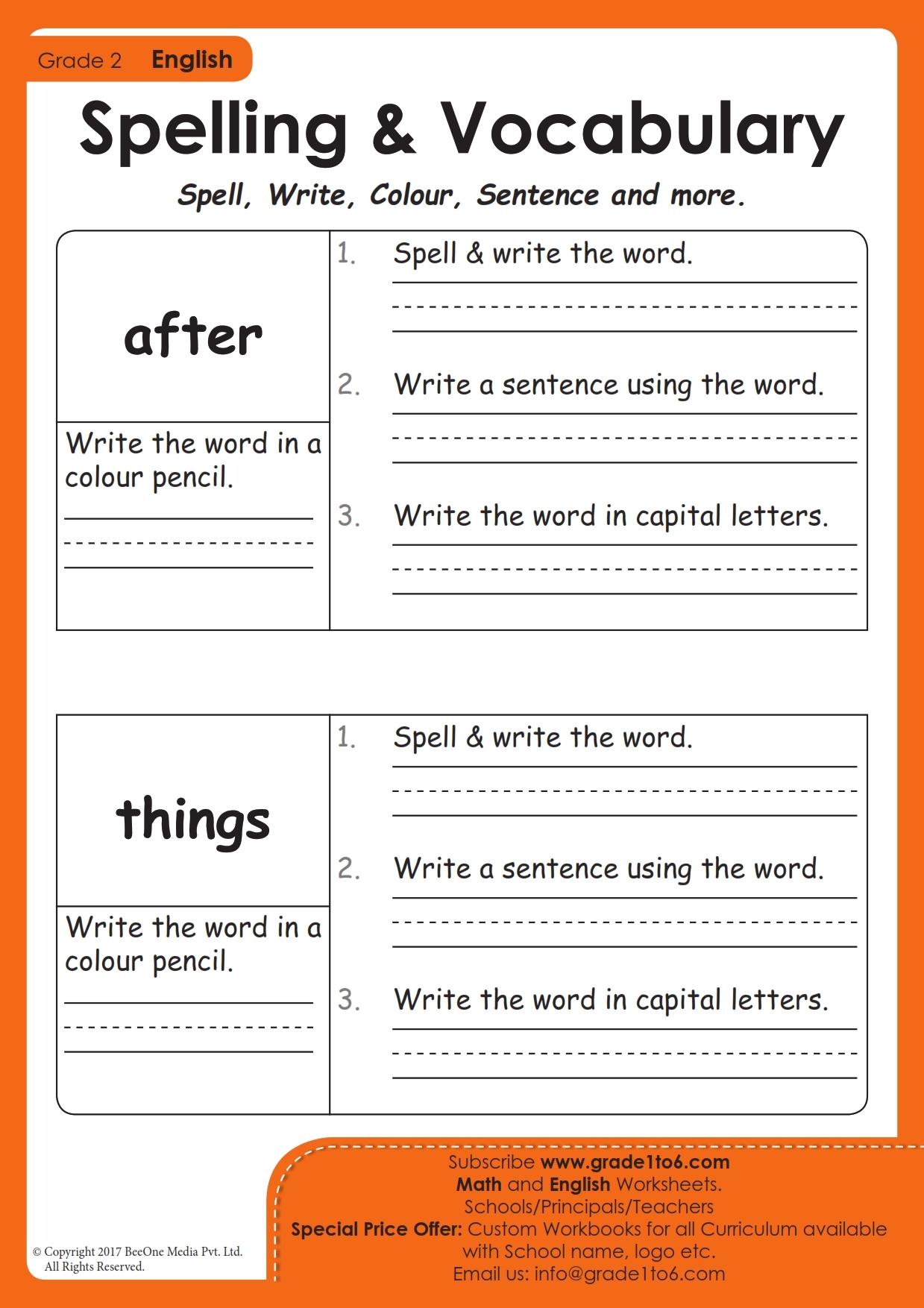 2nd Grade Spellings Worksheet Grade1to6