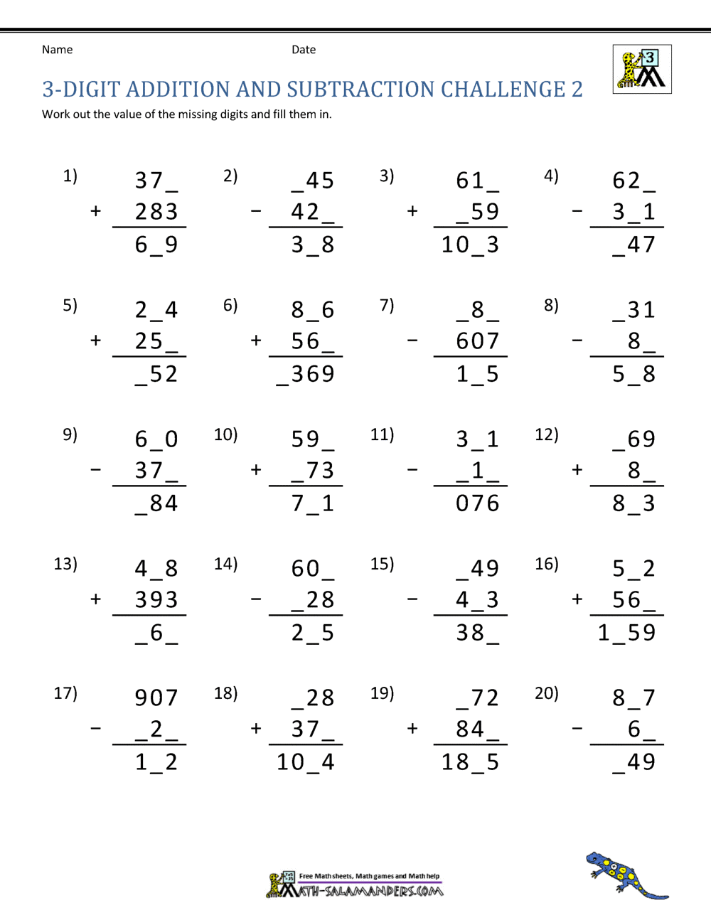 3 Digit Addition And Subtraction Worksheets