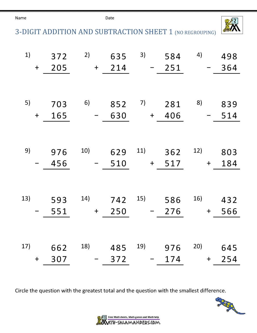 3 Digit Addition And Subtraction Worksheets
