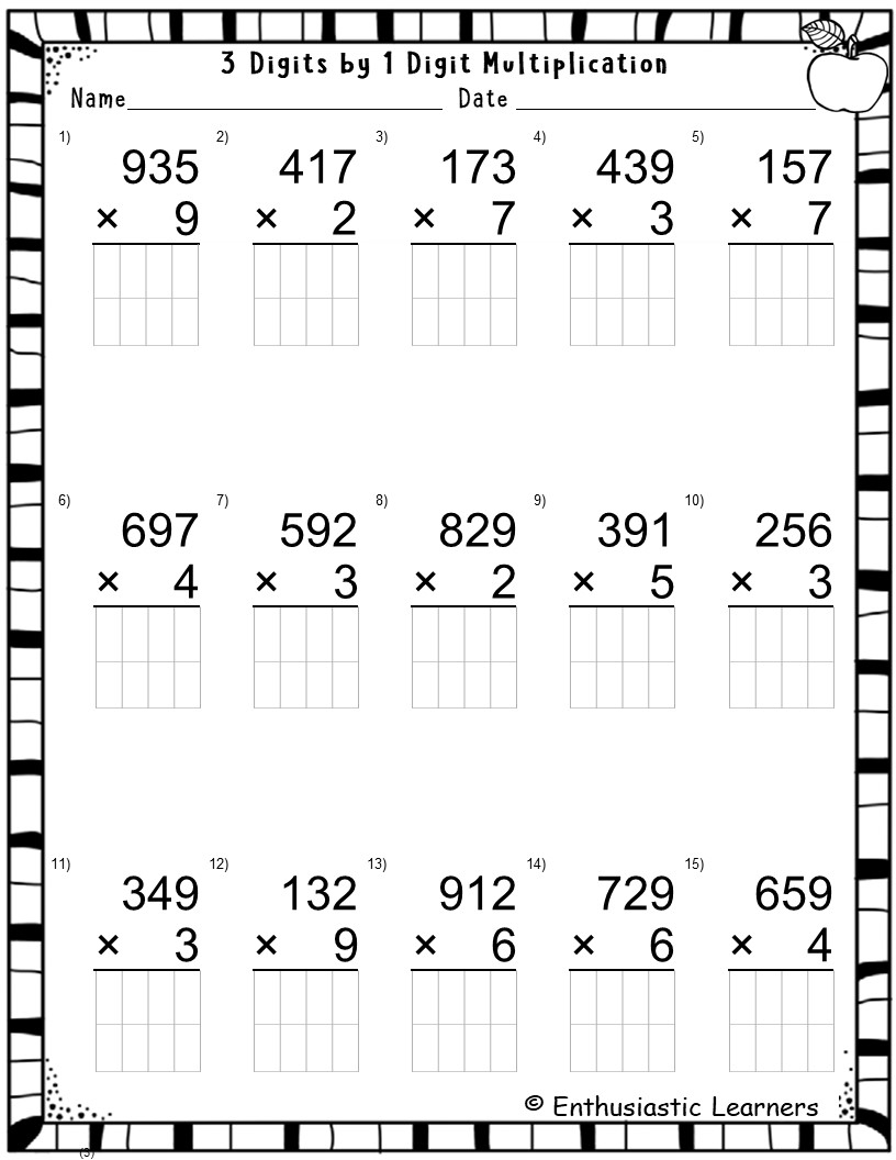 3 Digit By 1 Digit Long Multiplication Worksheets Math Problems Teaching Resources
