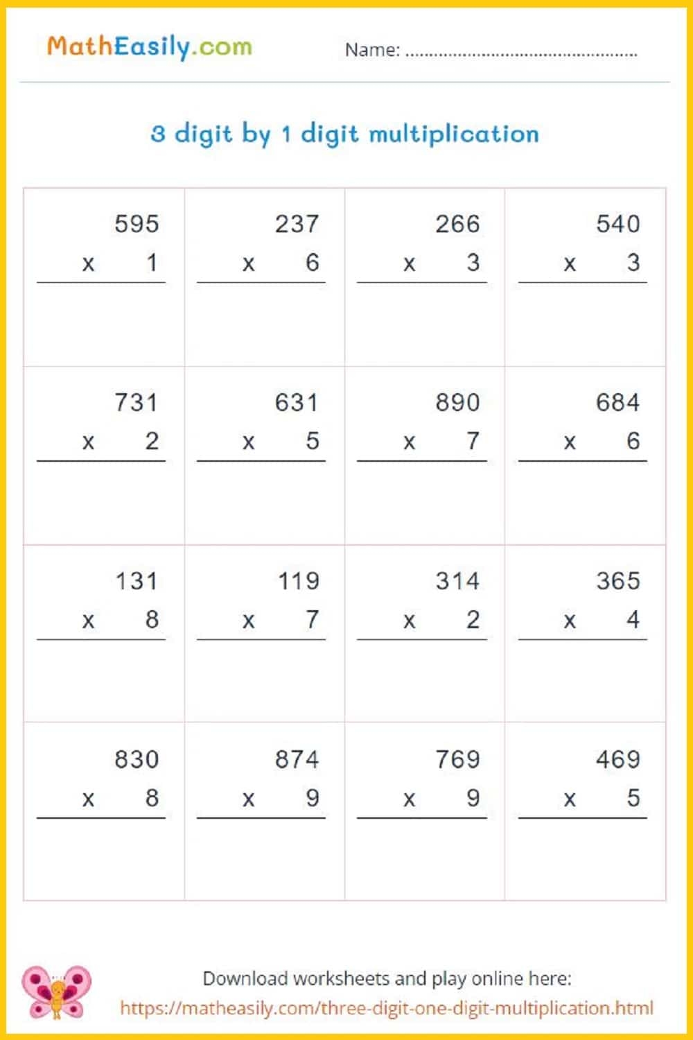 3 Digit By 1 Digit Multiplication Games Worksheets