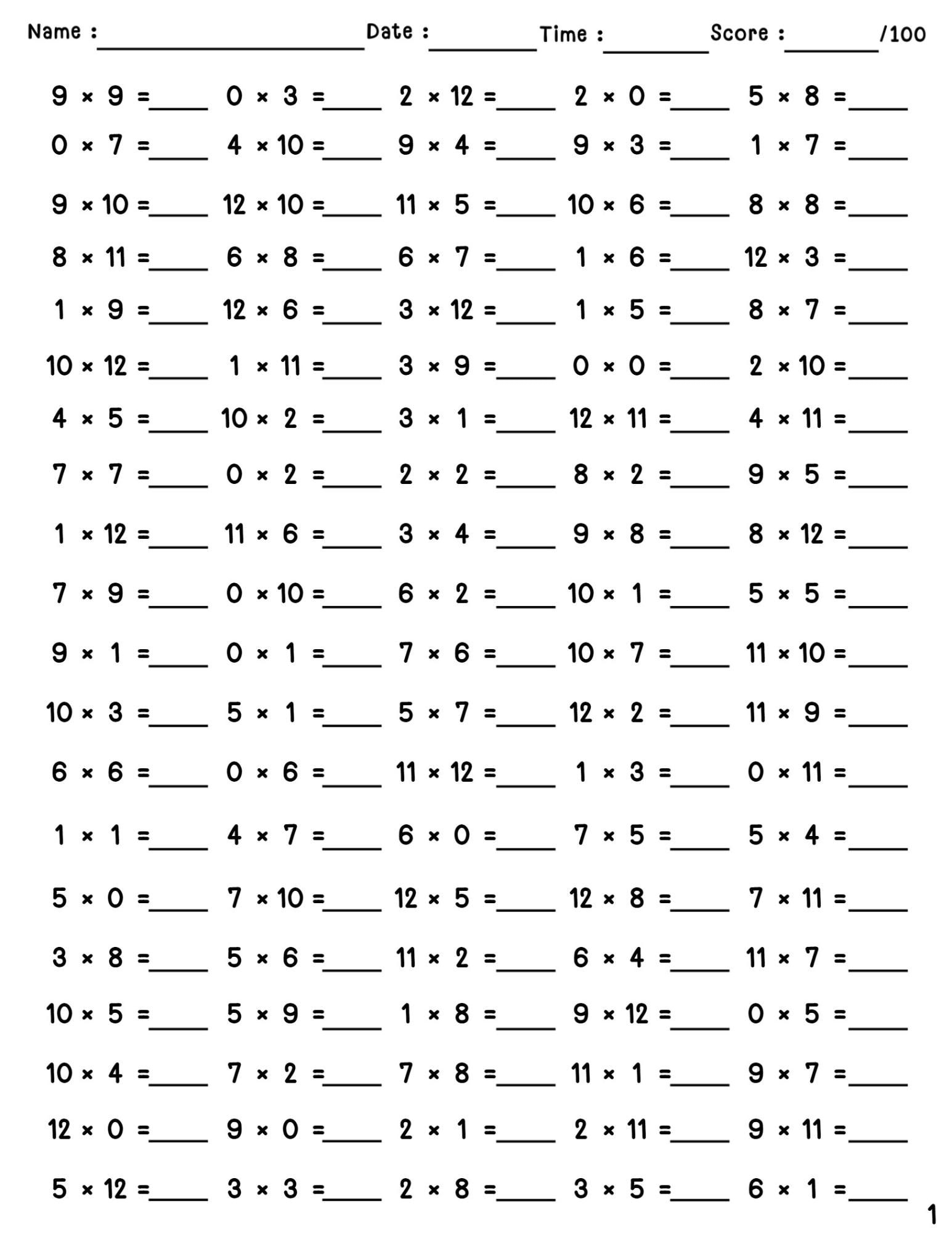 40 Printable Multiplication Worksheets Single Digit 1 12 100 Fill In The Blank Questions Answers Etsy