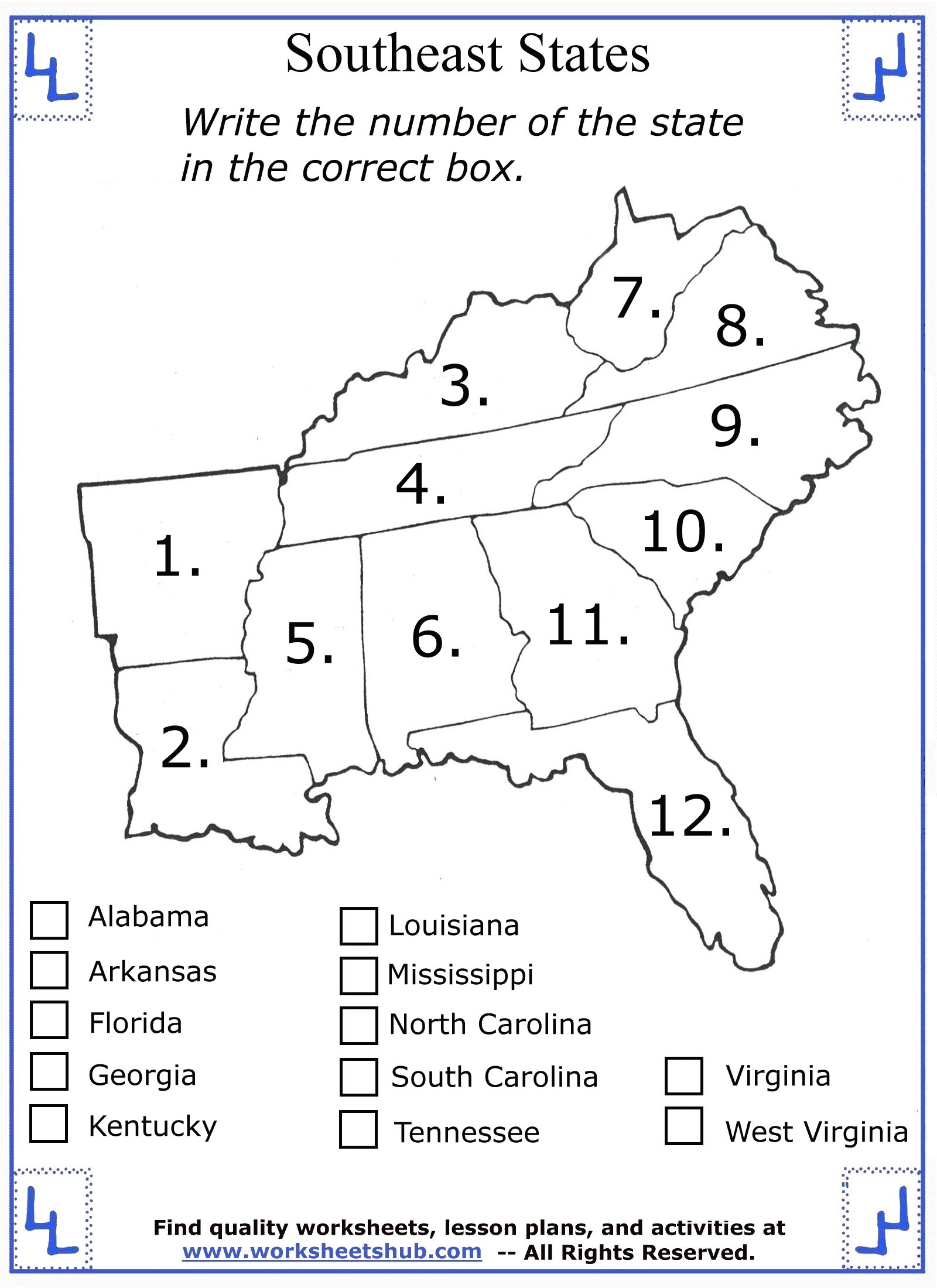 4th Grade Social Studies Southeast Region States USA Map Worksheets Free Printables Superstar Worksheets