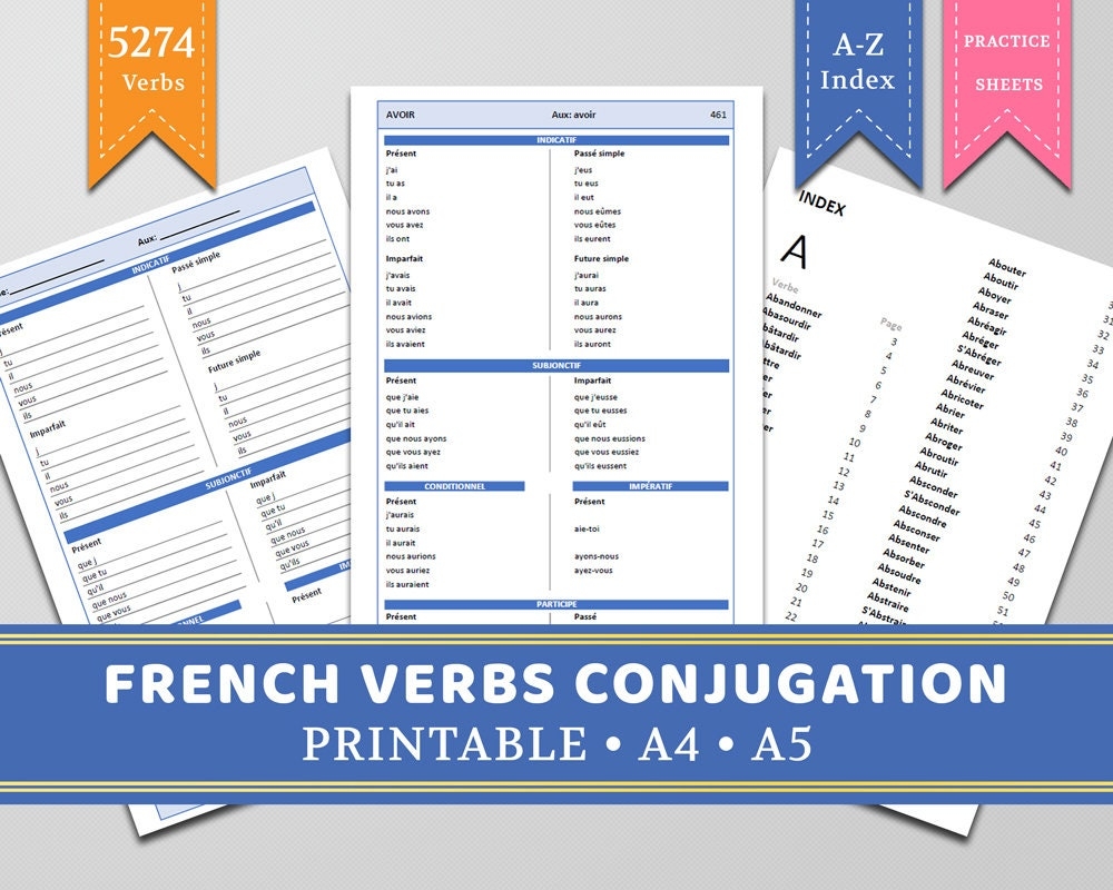 5275 Verbs French Conjugation Set Practice Worksheets Printable Insert A5 A4 And Letter Size Etsy Sweden