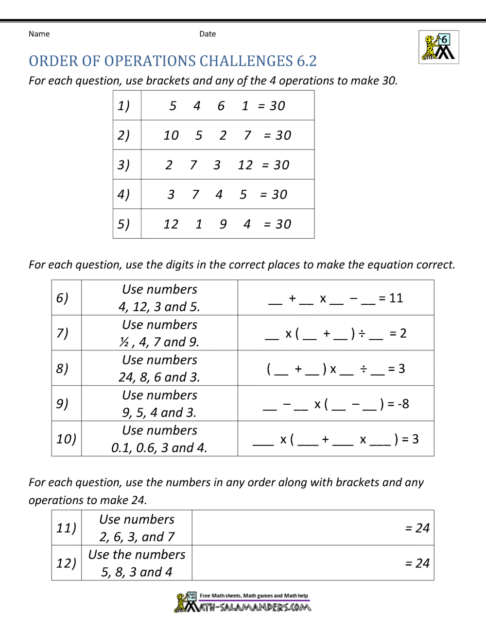 6th Grade Order Of Operations Worksheets