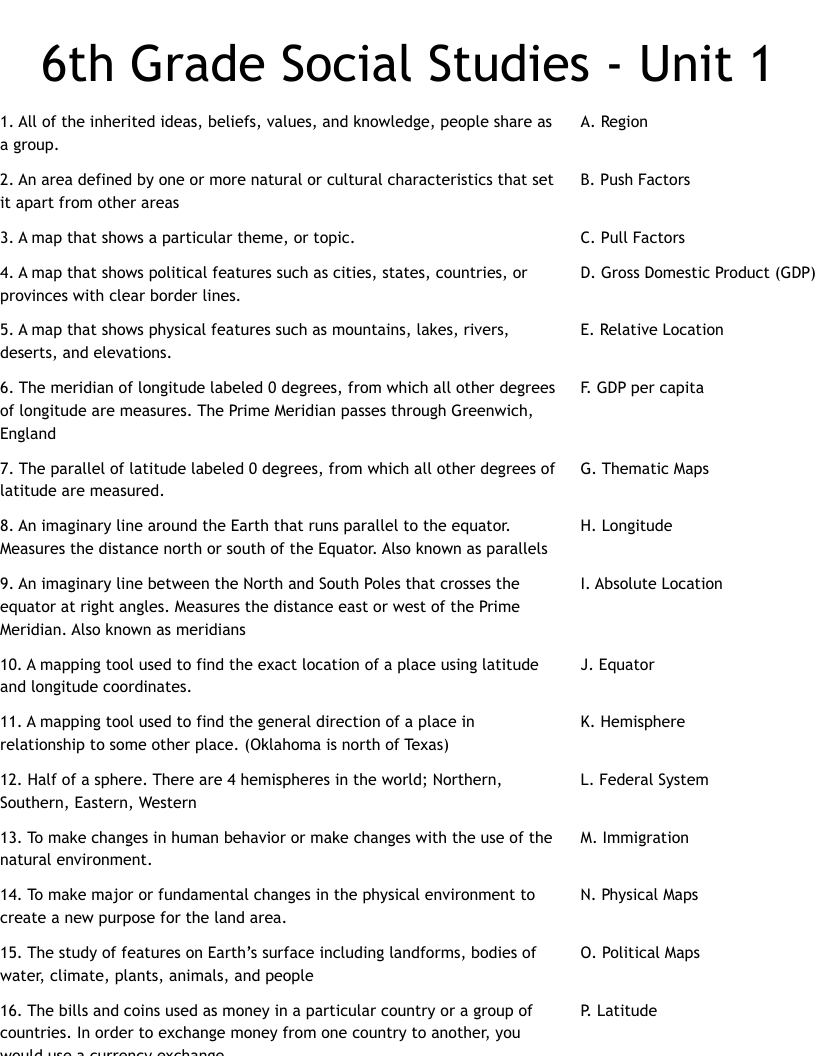 6th Grade Social Studies Unit 1 Worksheet WordMint 6th Grade Social Studies Unit 1 Worksheet WordMint