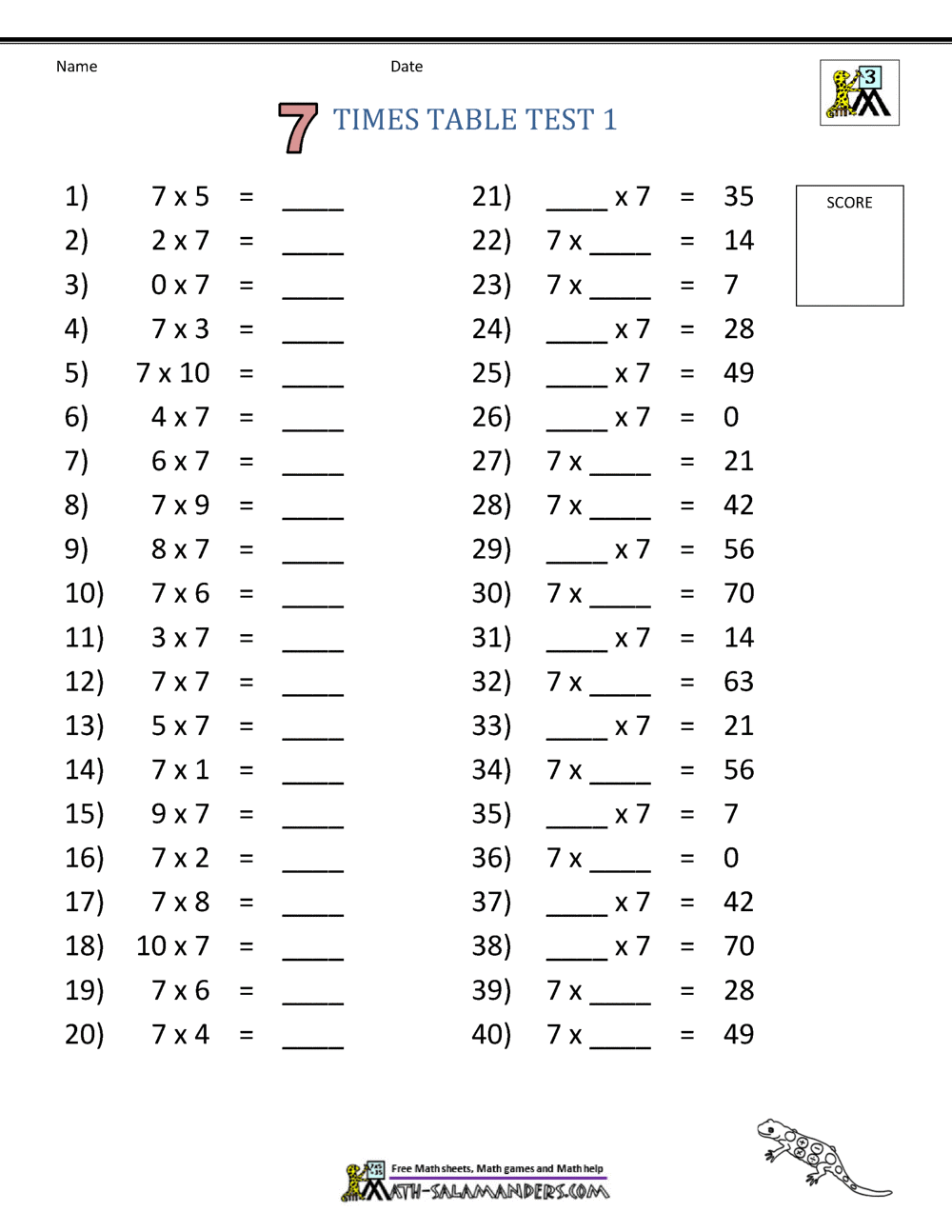 7 Times Table Worksheet Page 7 Times Table Worksheet Page