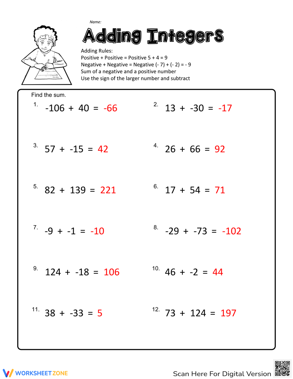 7th Grade Integers Worksheets