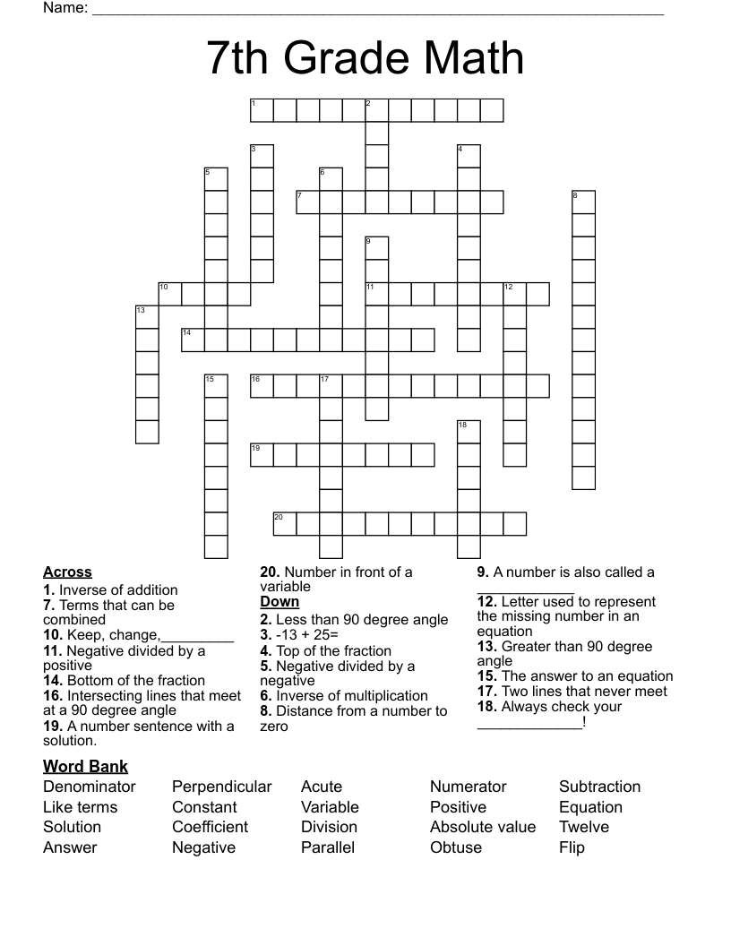 7th Grade Math Crossword WordMint