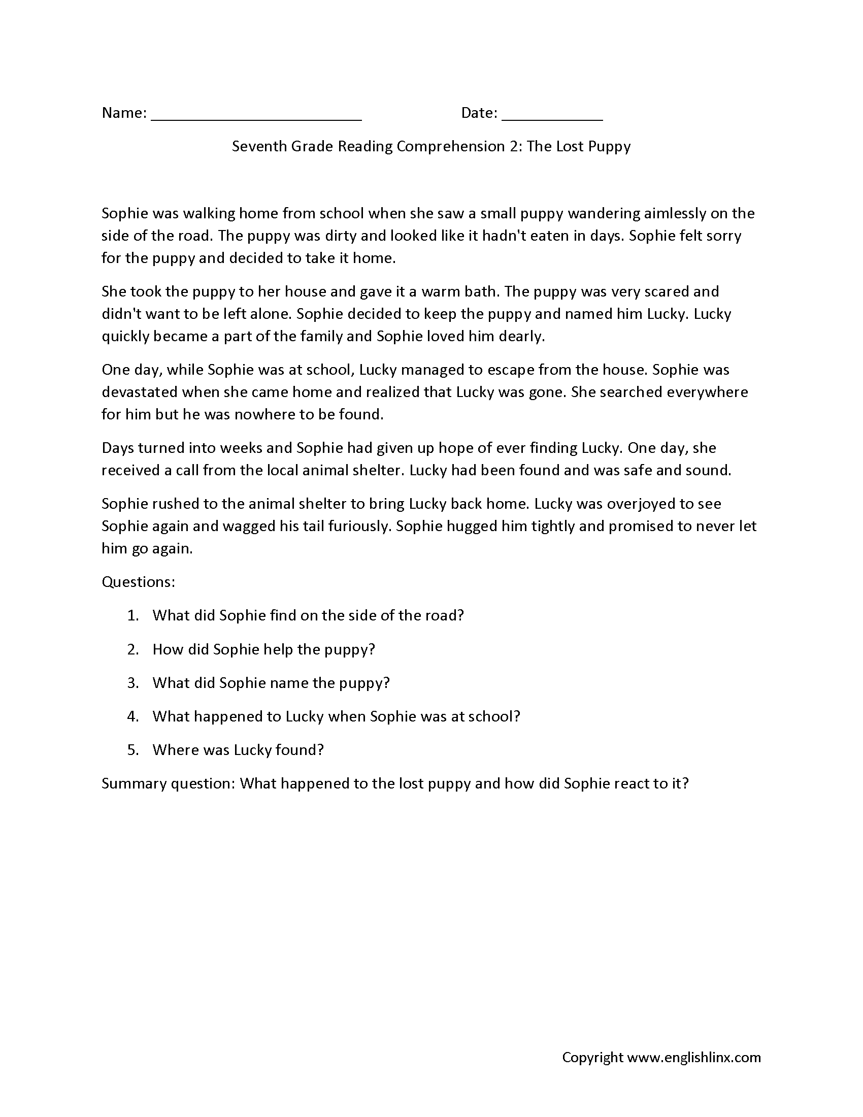 7th Grade Short Story With Questions Worksheets Printable