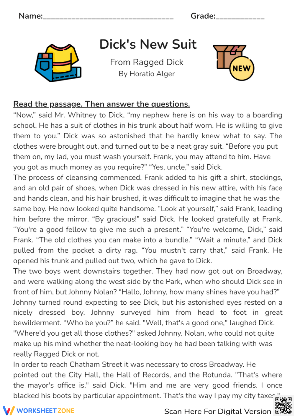 7th Grade Short Story With Questions Worksheets Printable