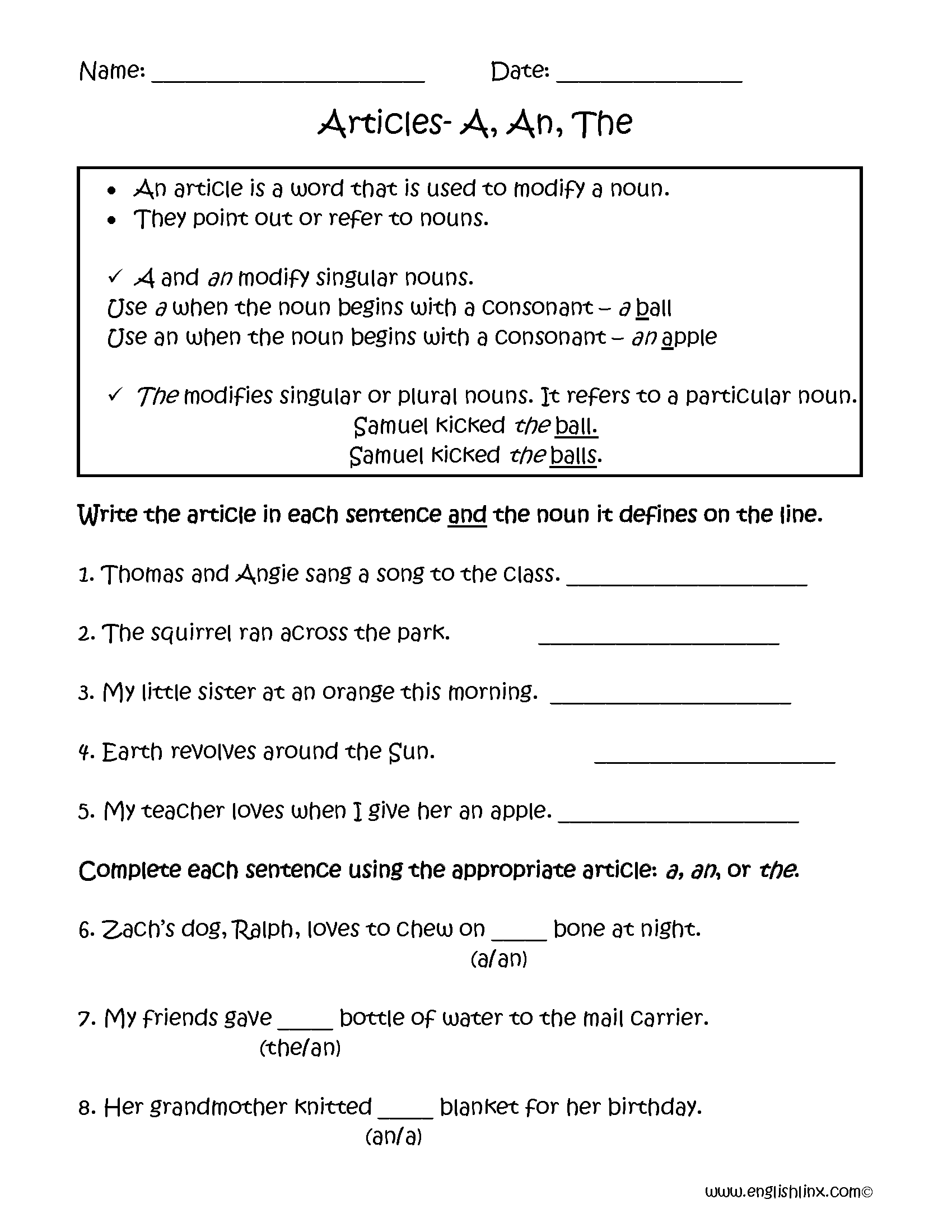 A An And The Articles Worksheets Free Printable Grammar Practice