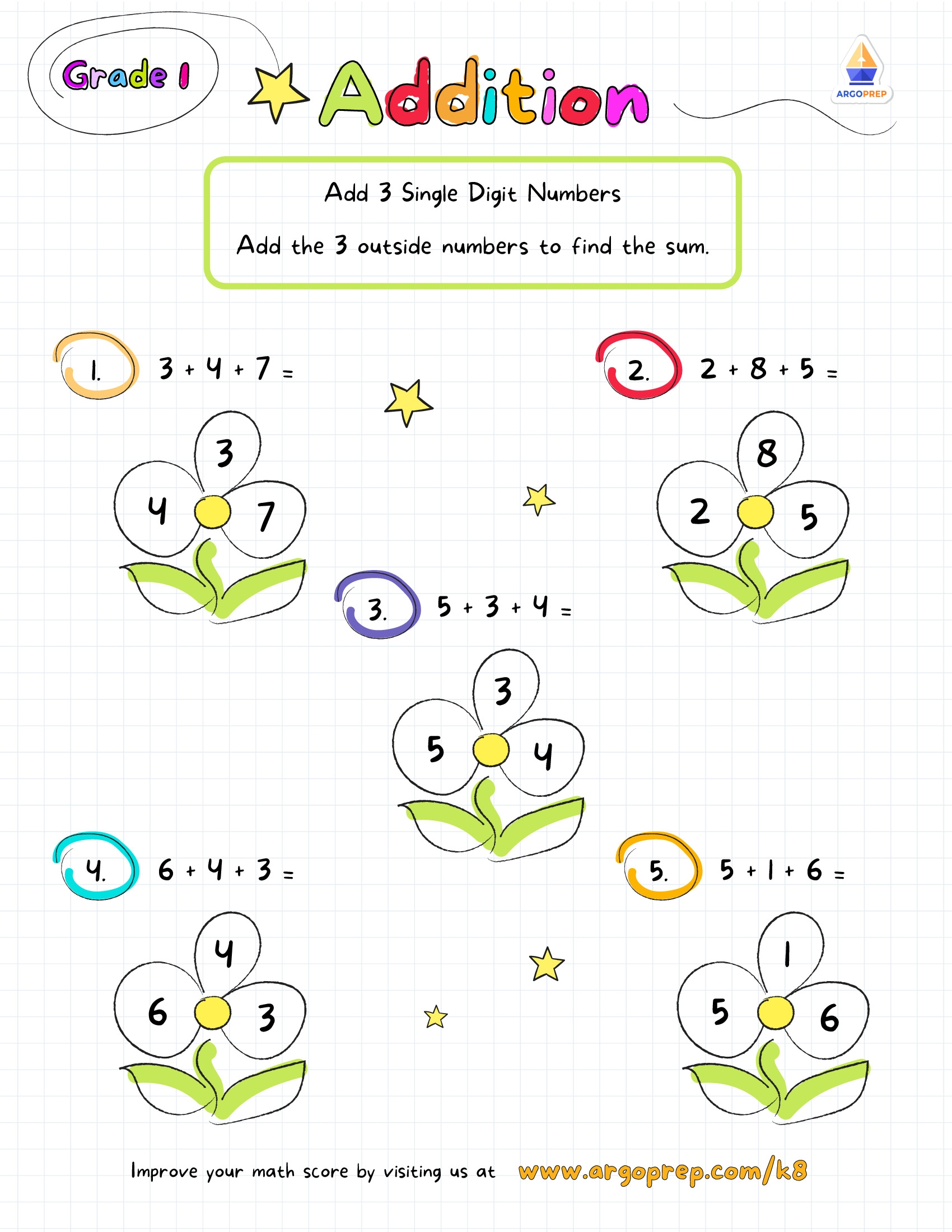 Add 3 Single Digit Numbers Grade 1 Addition Worksheets ArgoPrep