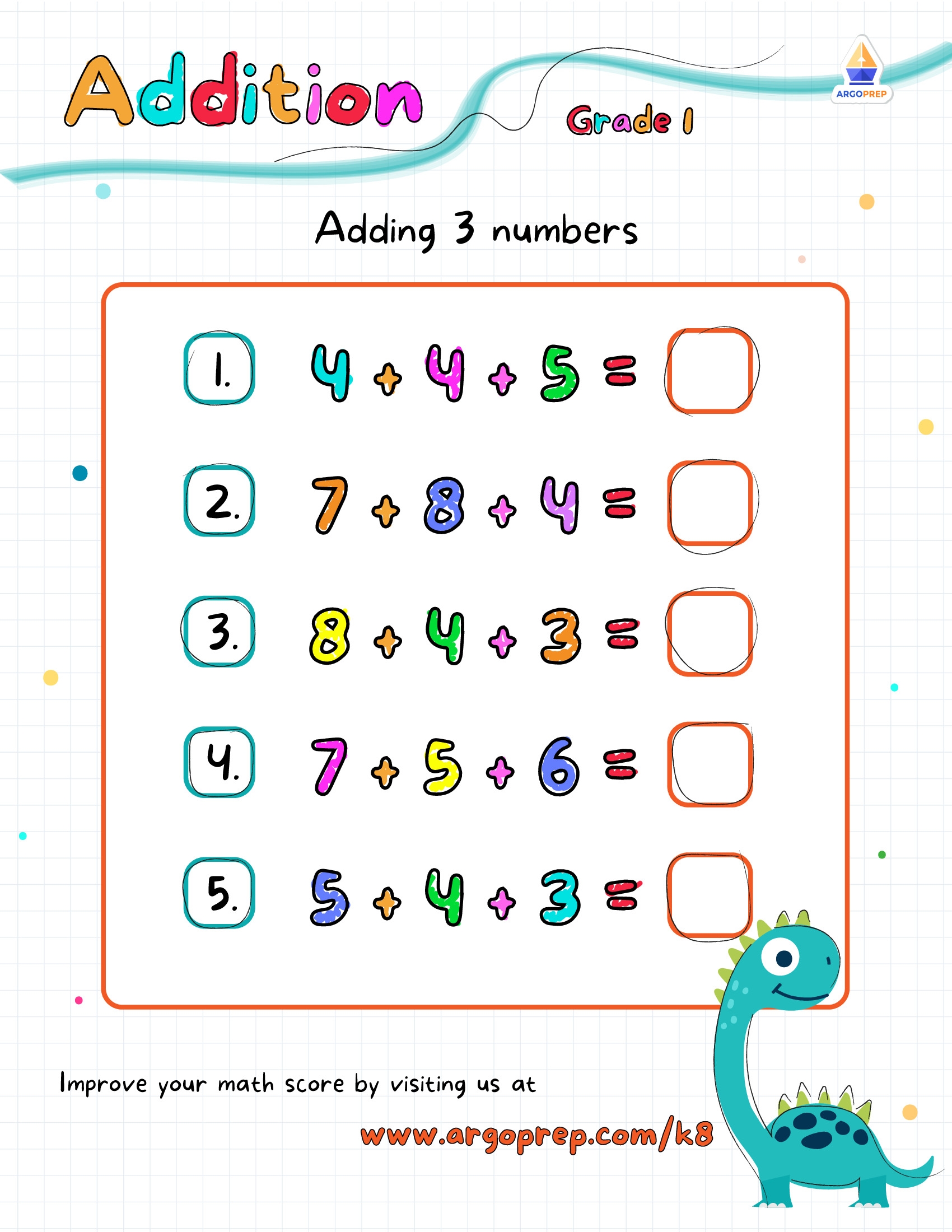 Add 3 Single Digit Numbers Grade 1 Addition Worksheets ArgoPrep
