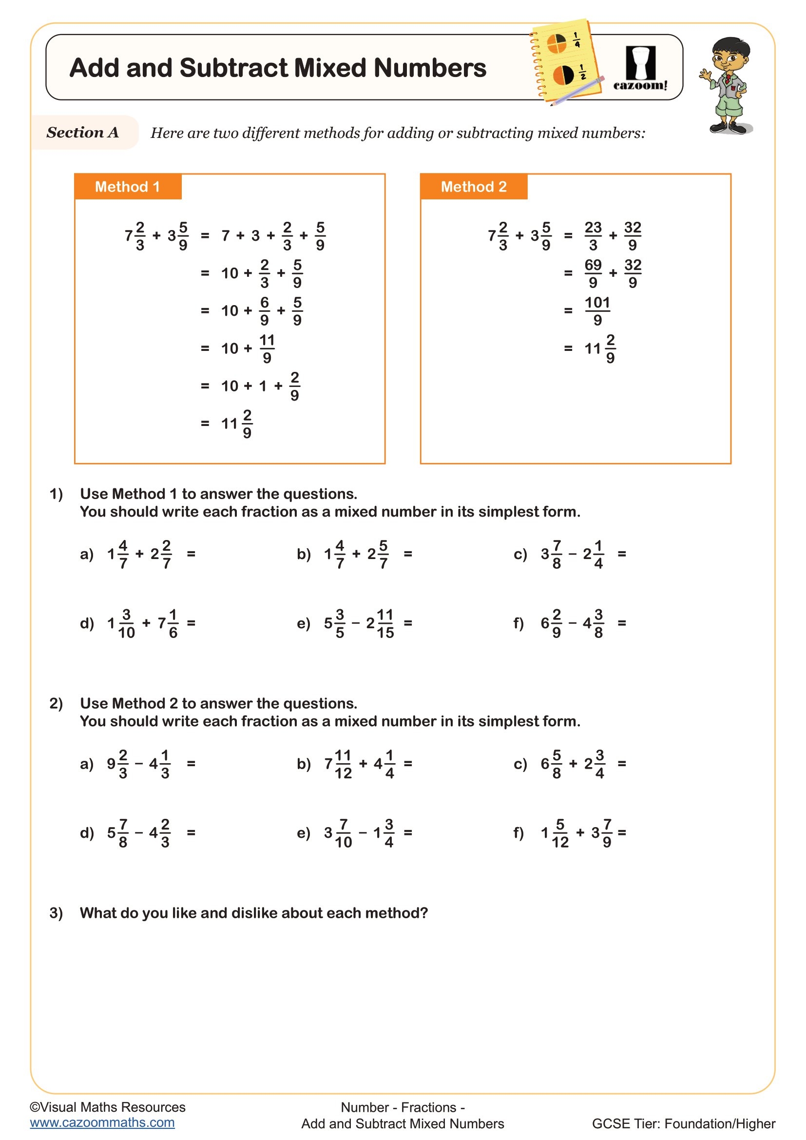Add And Subtract Mixed Numbers Worksheet Printable PDF For Year 8 Year 9 And Year 10 Number Worksheet