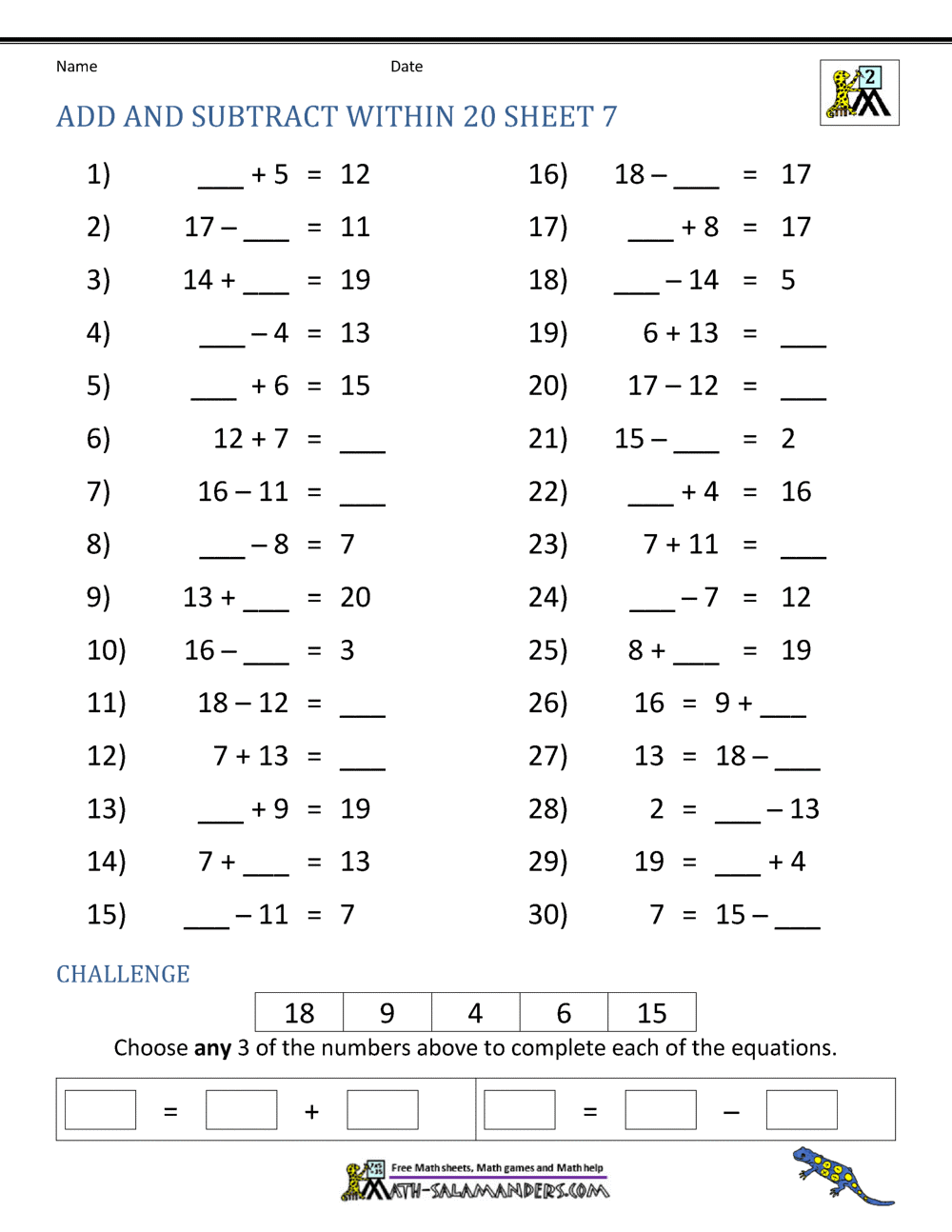 Add And Subtract Within 20