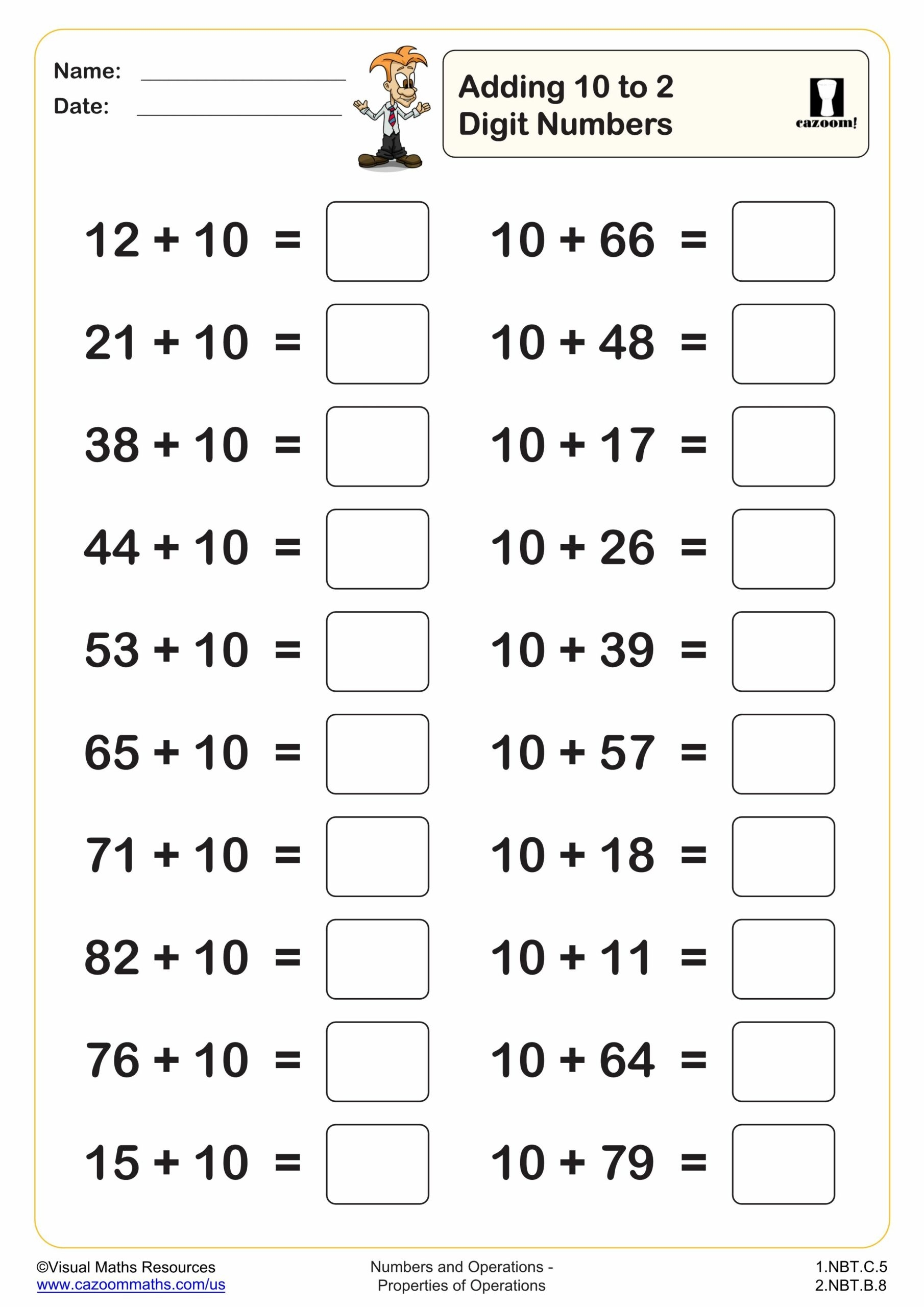 Adding 10 To 2 Digit Numbers 20 Questions PDF Printable Addition Worksheets Cazoom Math Adding 10 To 2 Digit Numbers 20 Questions PDF Printable Addition Worksheets Cazoom Math