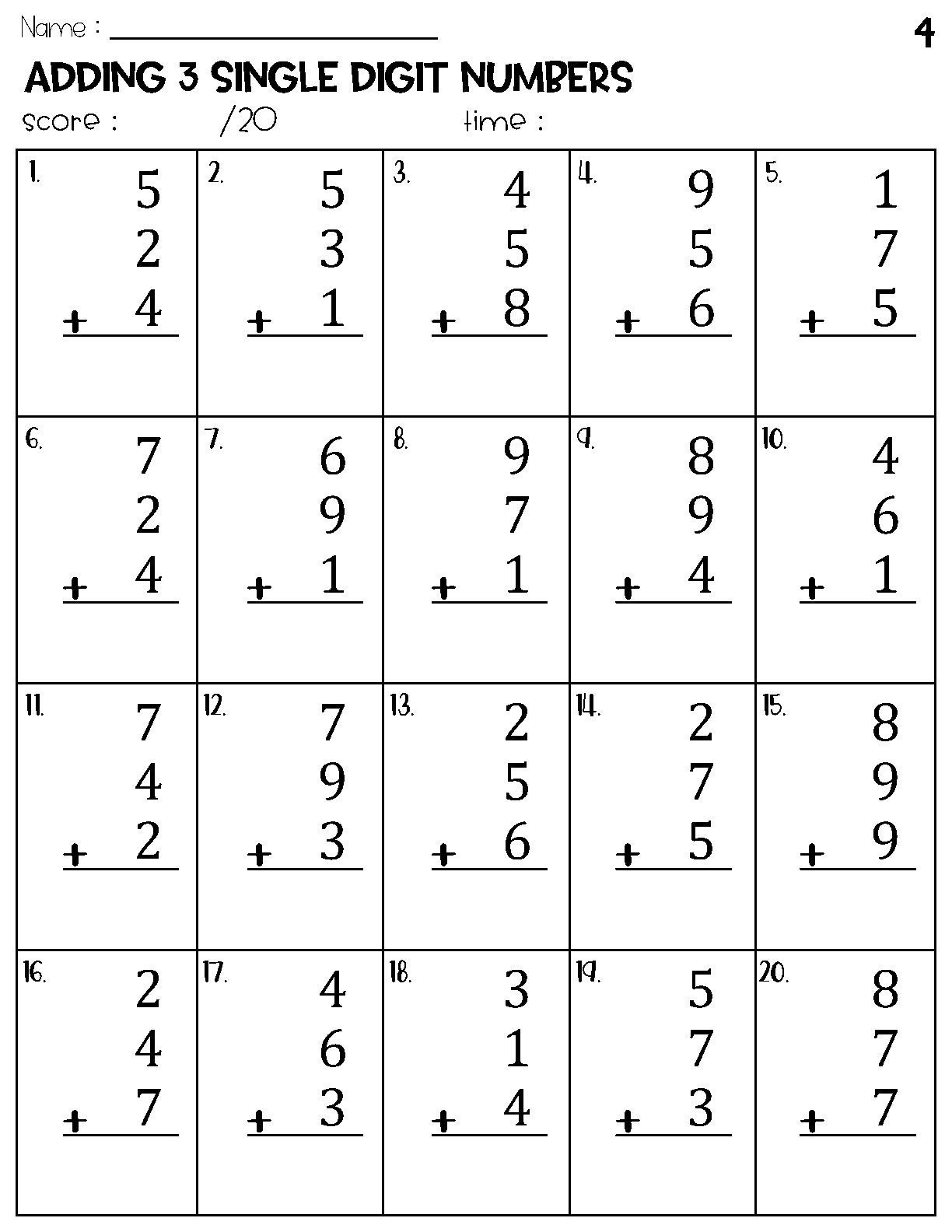 Adding 3 Single Digit Numbers Worksheets Math Timed Test Addition Etsy Ireland