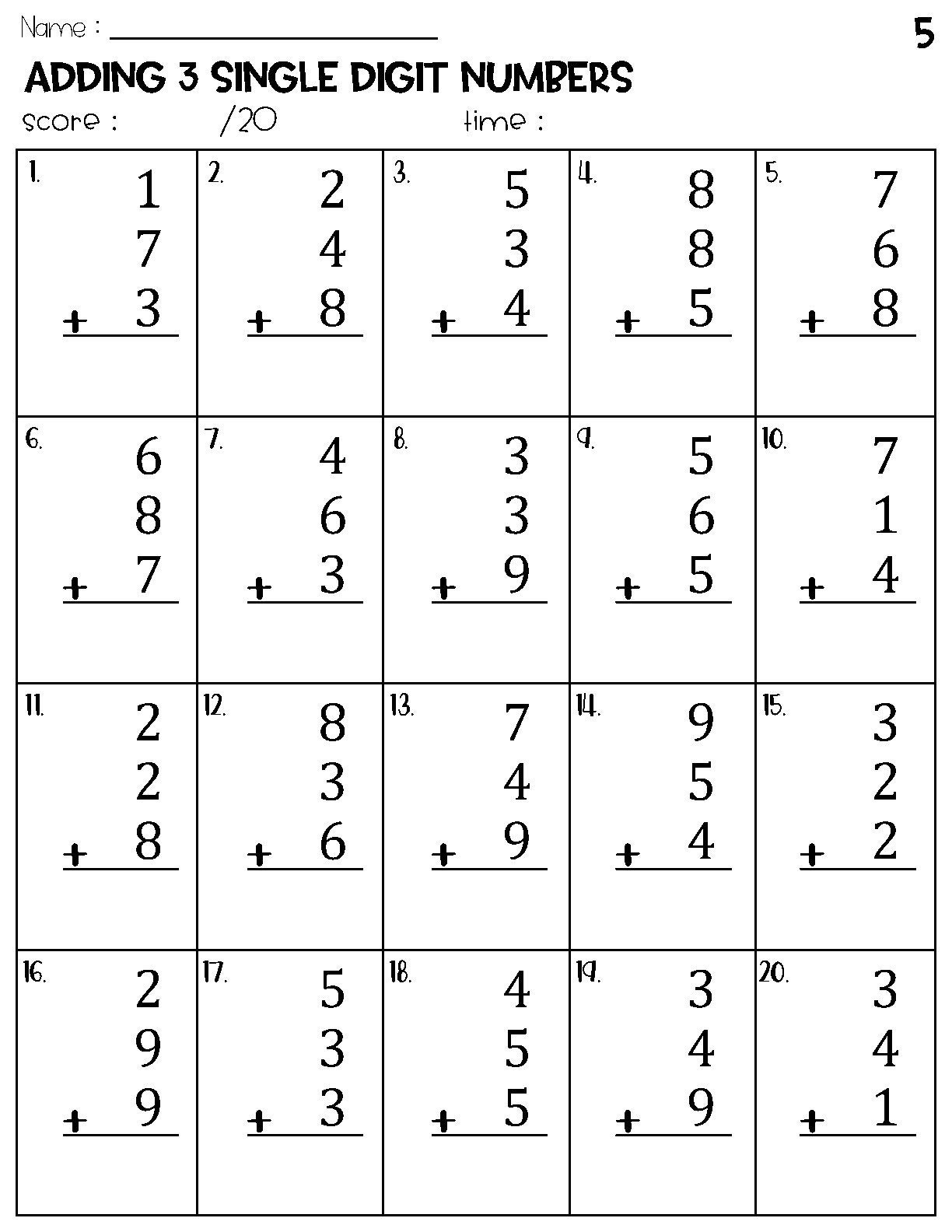 Adding 3 Single Digit Numbers Worksheets Math Timed Test Addition Etsy