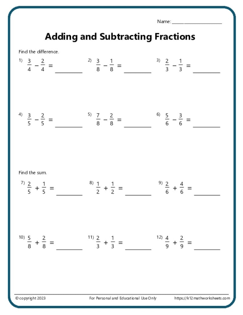 Adding And Subtracting Fractions Worksheets