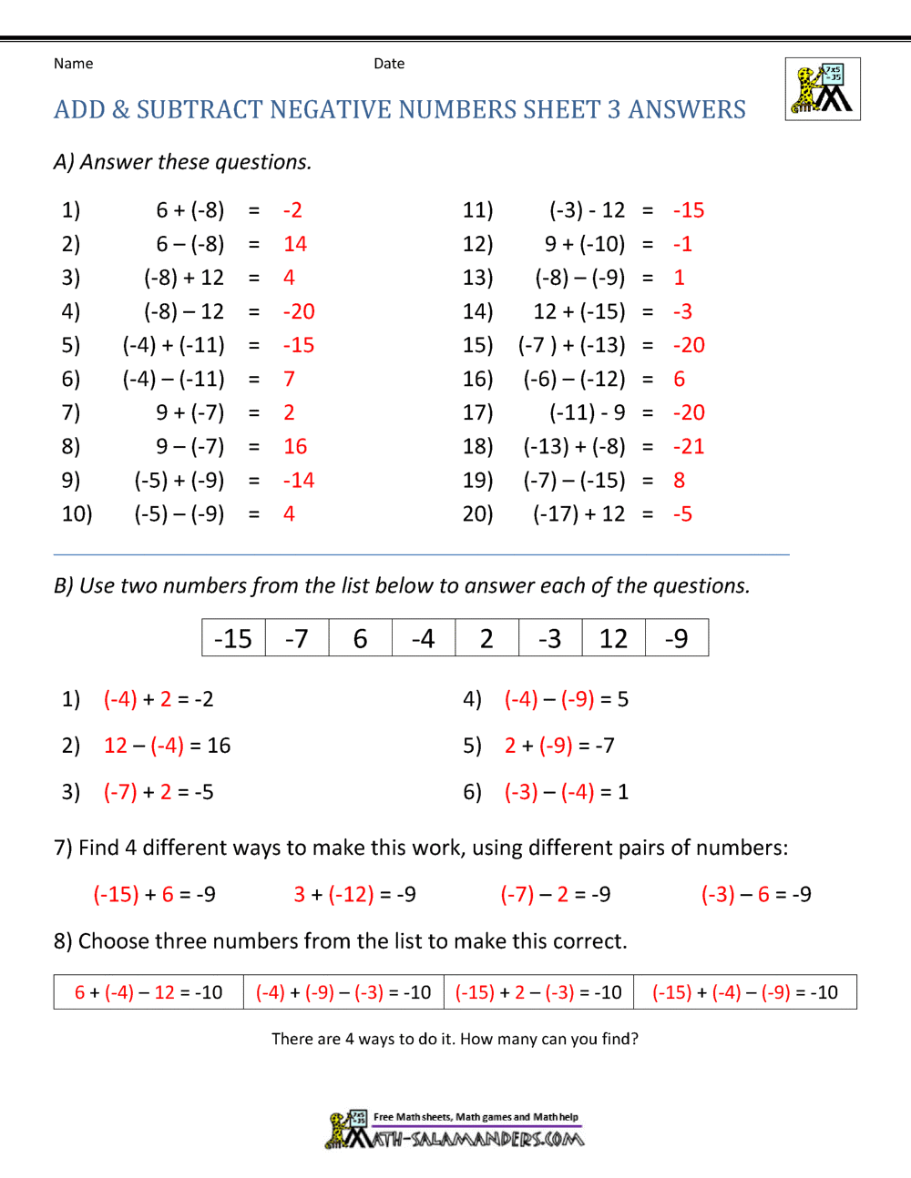 Adding And Subtracting Positive And Negative Numbers Practice Sheet B By Teach Simple