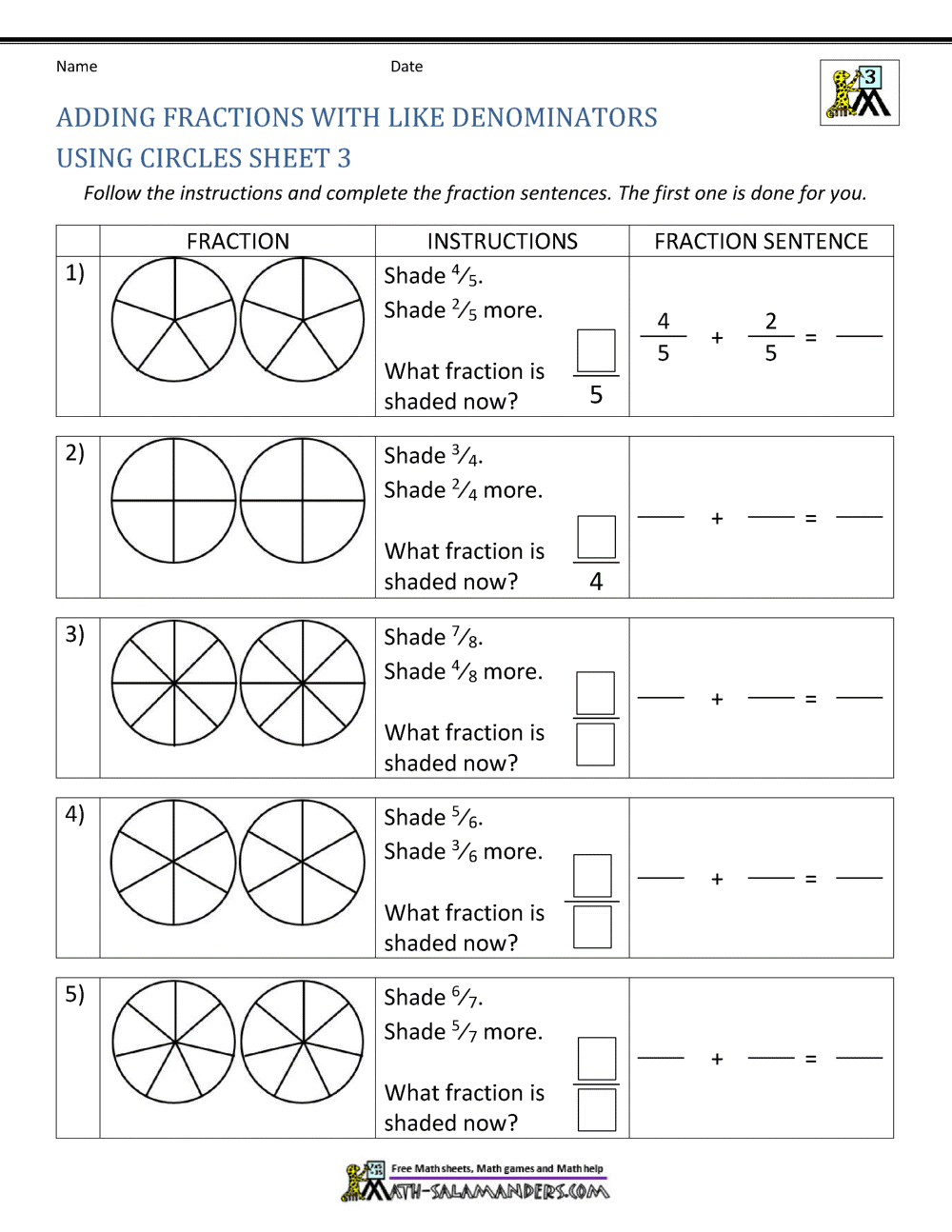 Adding Fractions With Like Denominators Worksheets
