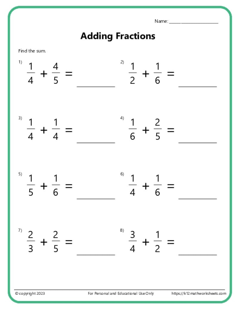 Adding Fractions With Unlike Denominators Worksheets