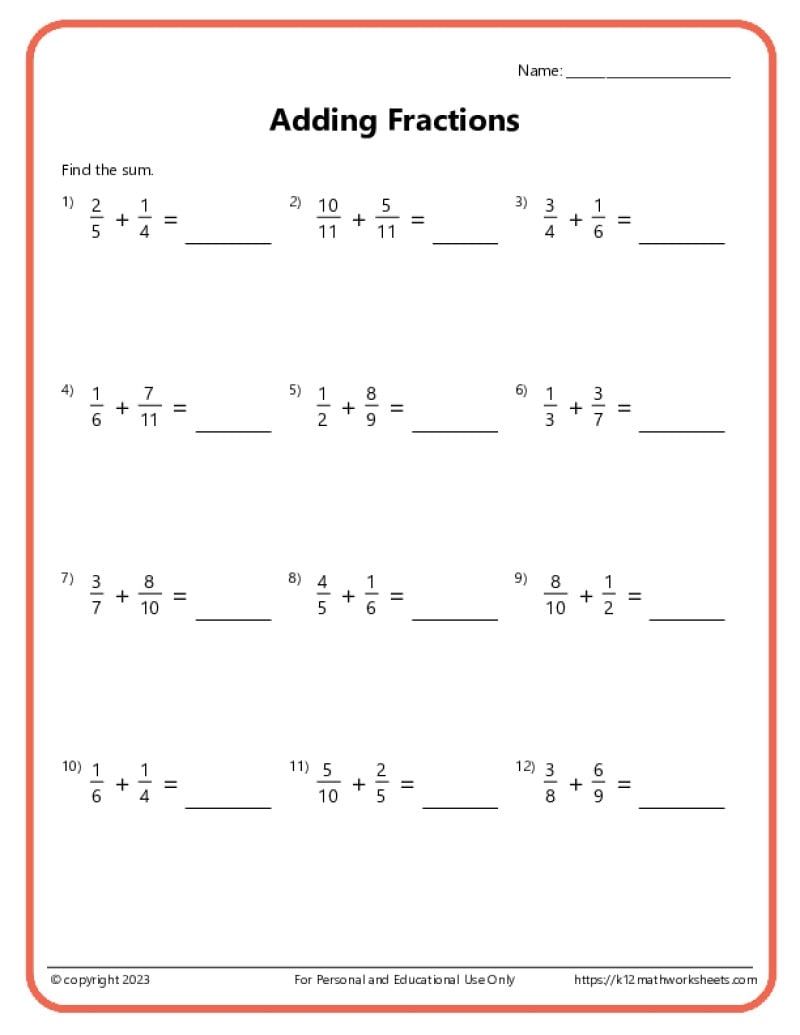 Adding Subtracting Fractions Worksheets