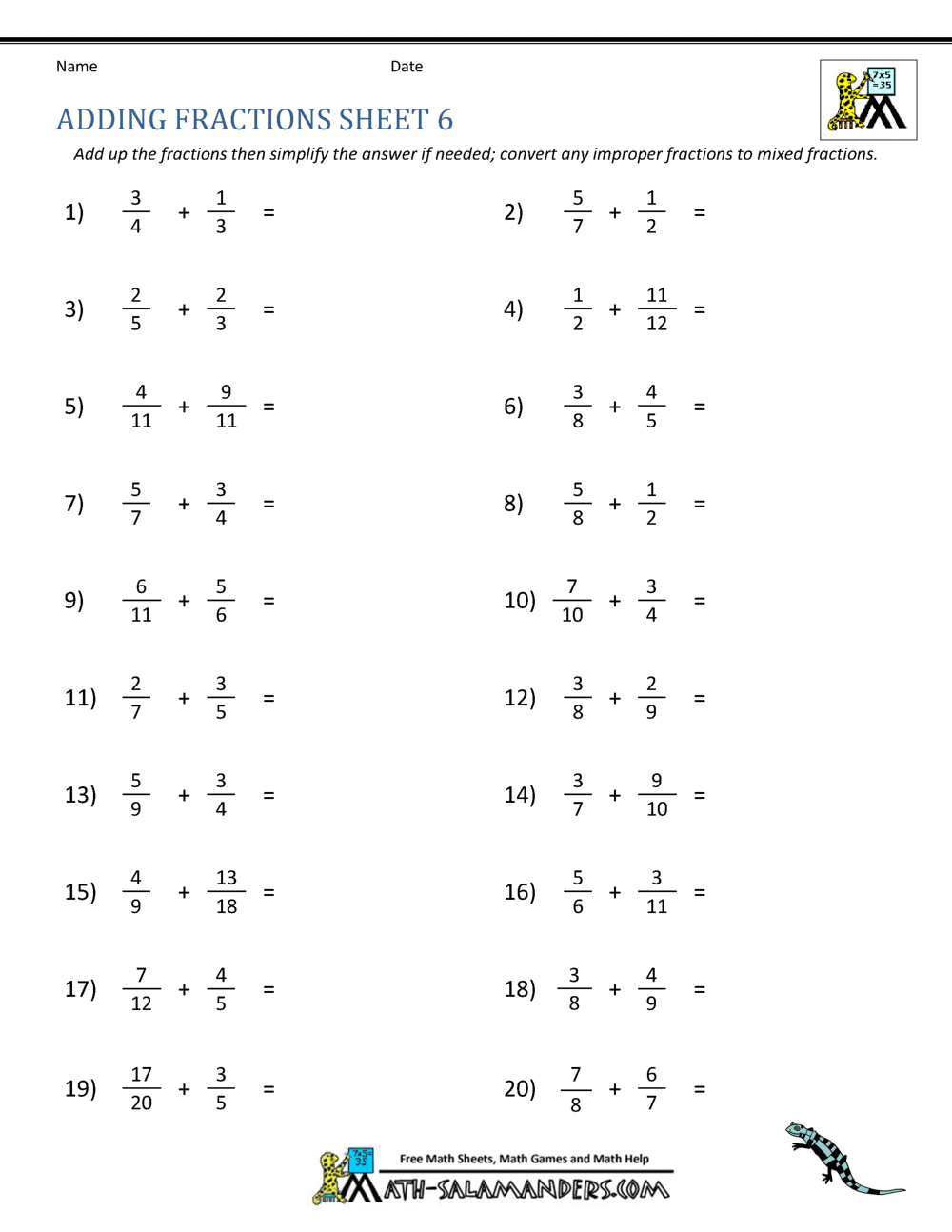 Adding And Subtracting Fractions Worksheets