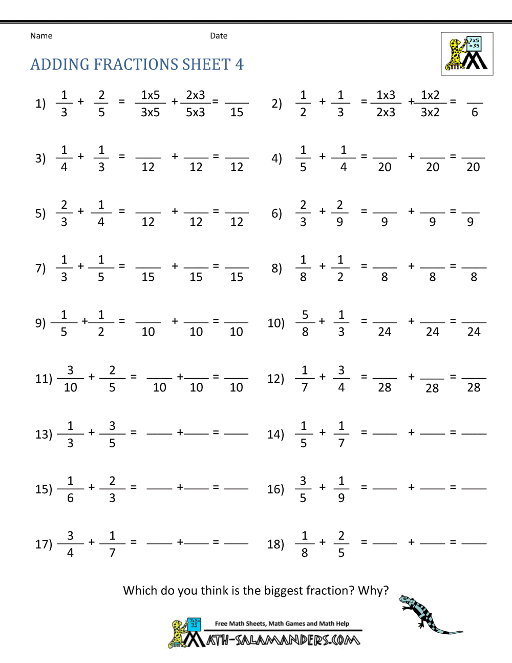 Adding Fractions Worksheets