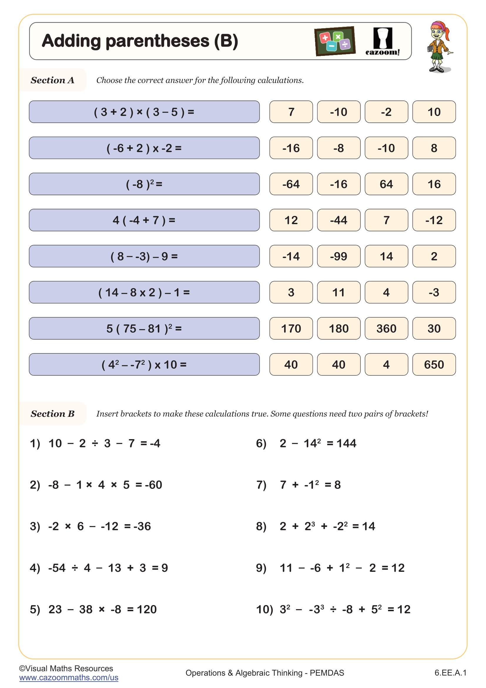 Adding Parentheses B Worksheet PDF Printable Operations Algebraic Thinking Worksheet Cazoom Math